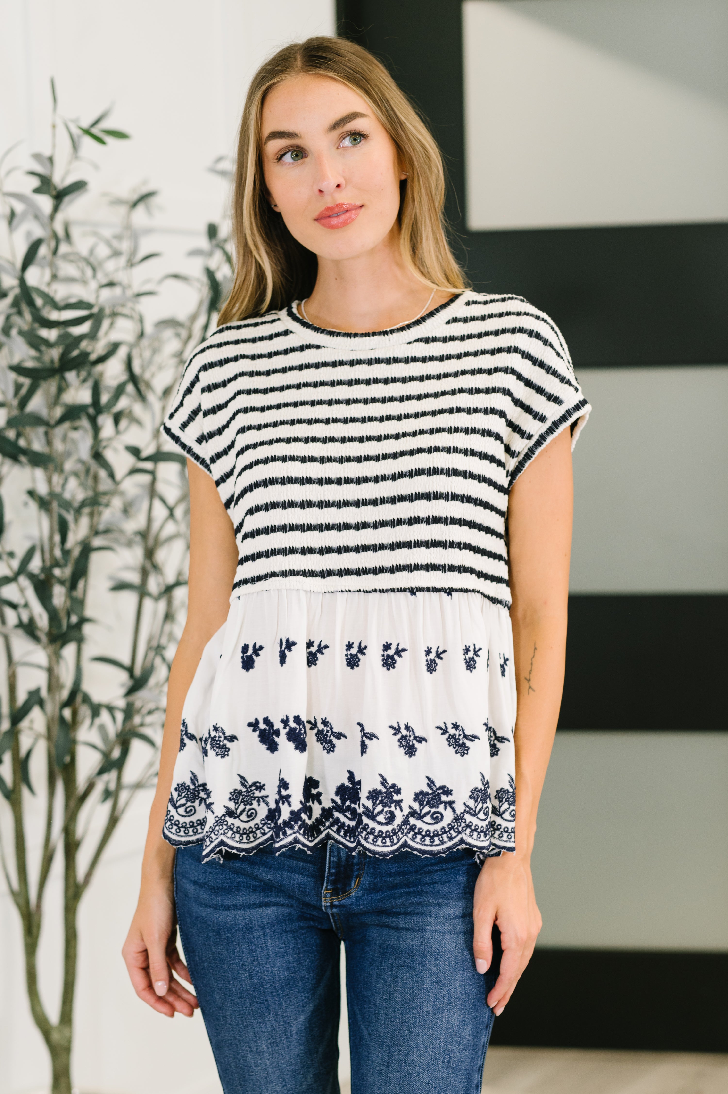 Too Sweet to Share Scalloped Hem Blouse in Ivory and Navy Womens Ave Shops- Tilden Co.