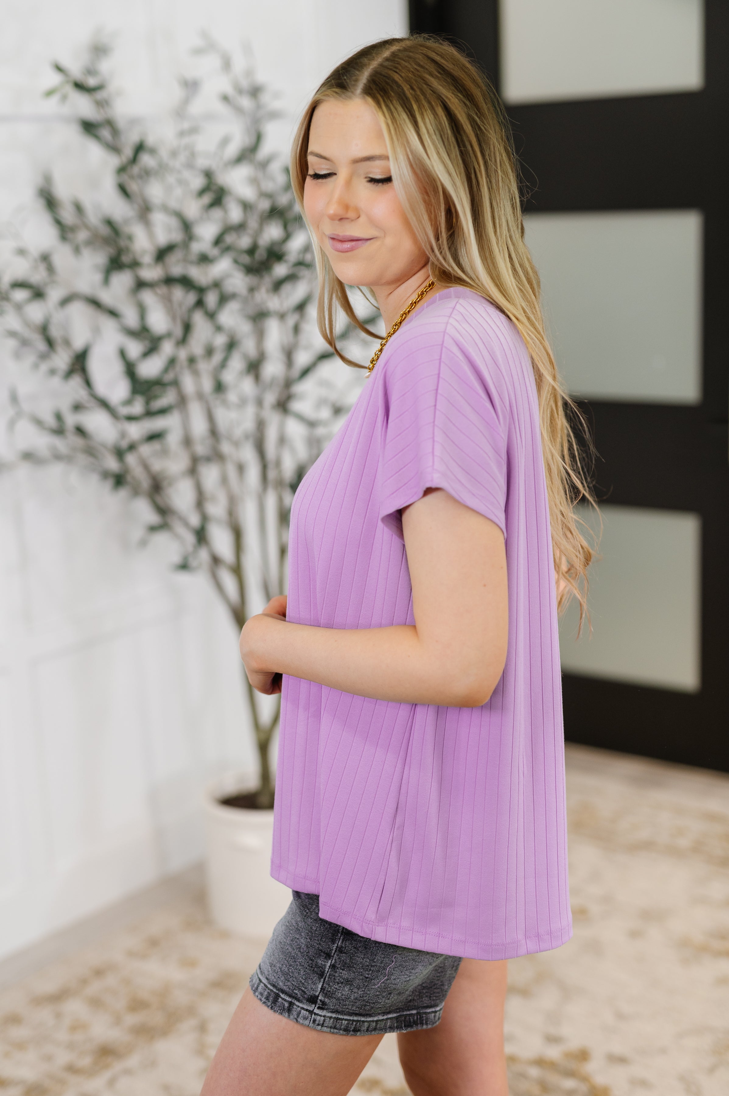 Top Shelf Basic V-Neck Ribbed Tee in Lavender Womens Ave Shops- Tilden Co.