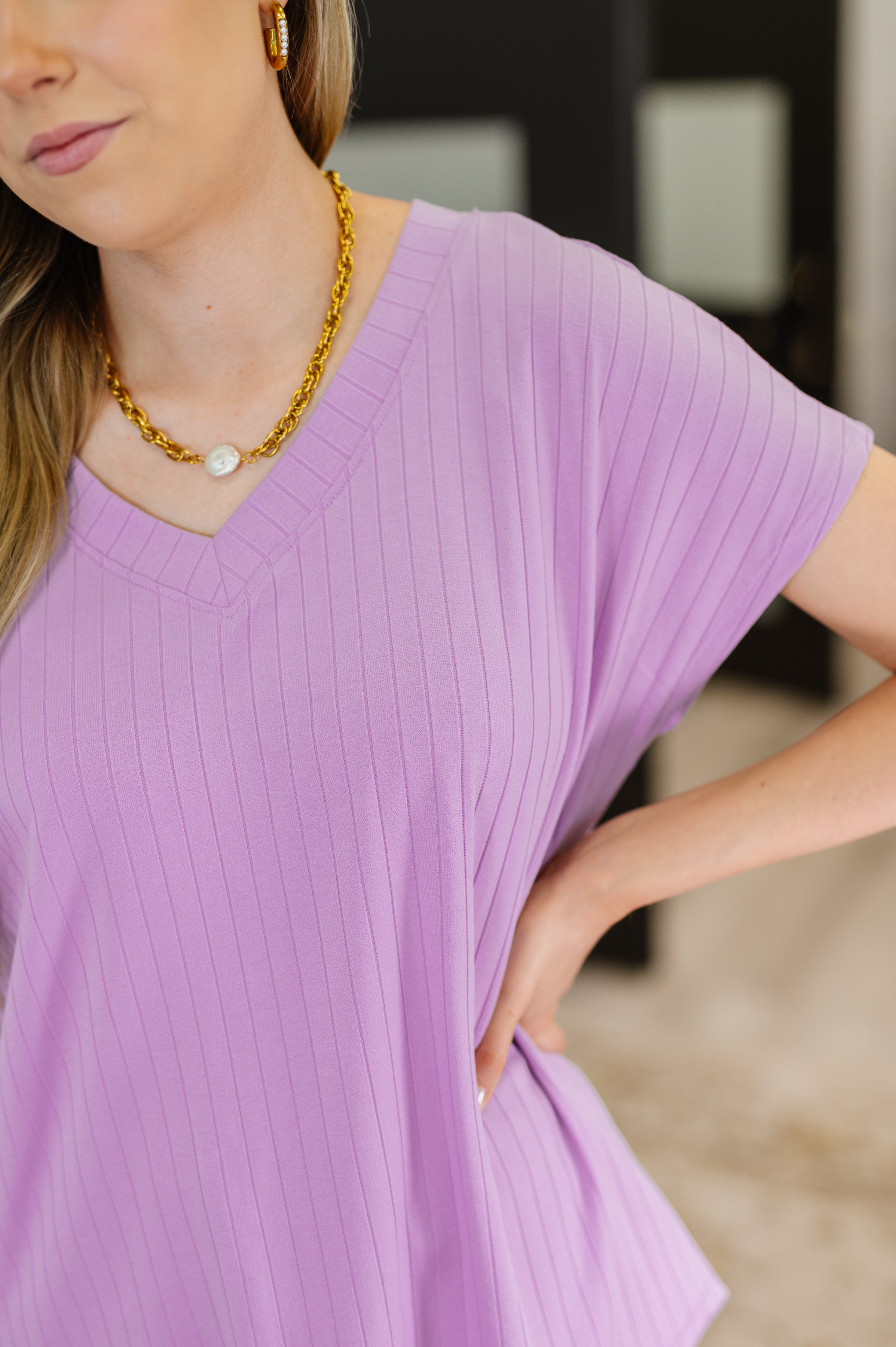 Top Shelf Basic V-Neck Ribbed Tee in Lavender Womens Ave Shops- Tilden Co.