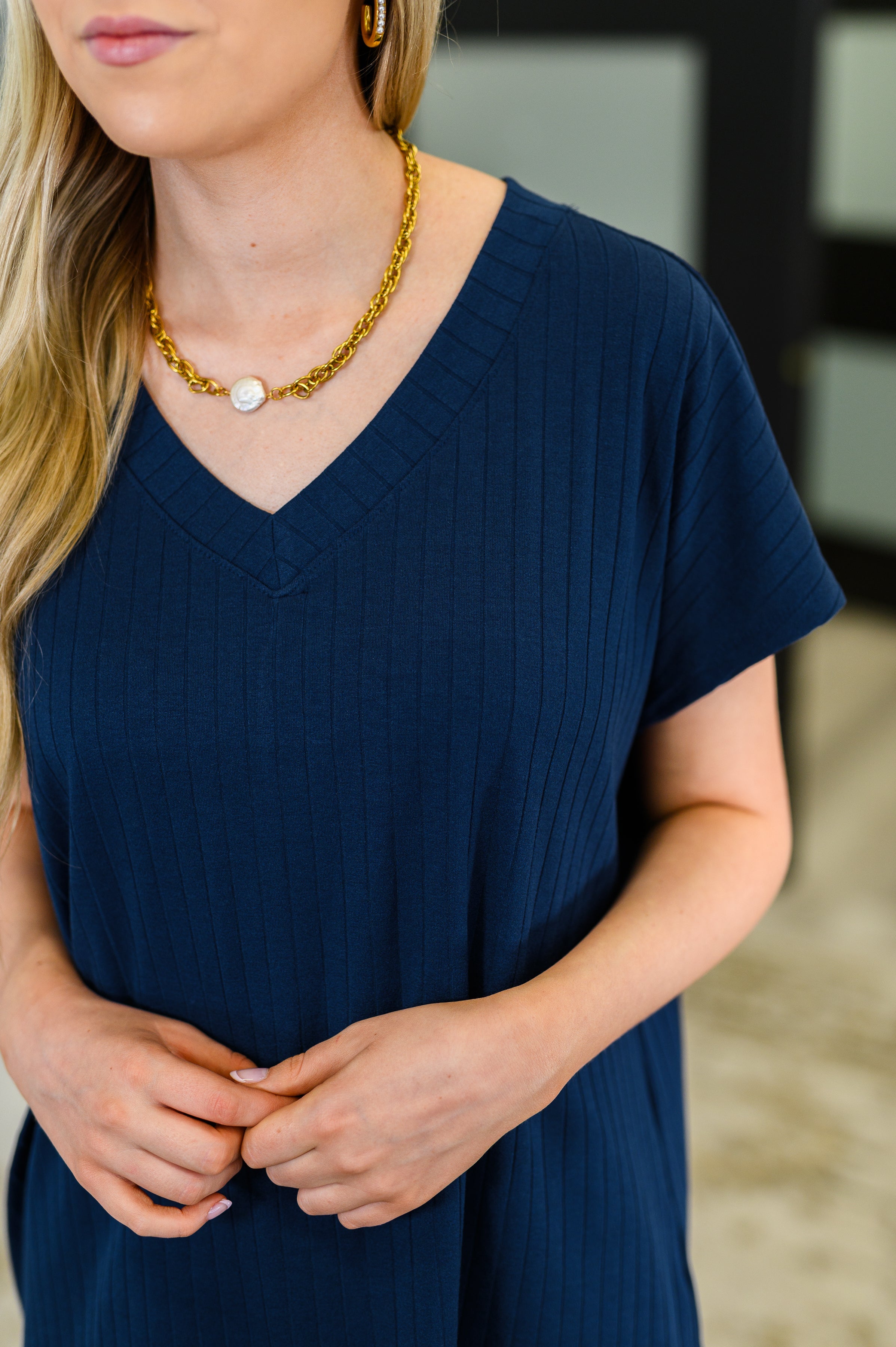 Top Shelf Basic V-Neck Ribbed Tee in Navy Womens Ave Shops- Tilden Co.