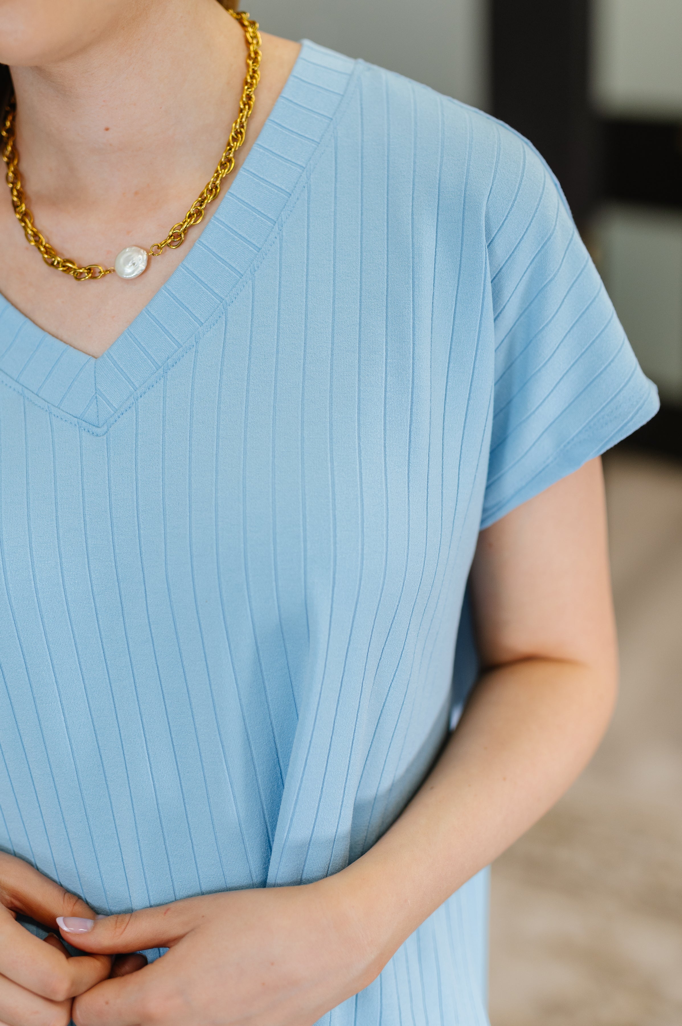 Top Shelf Basic V-Neck Ribbed Tee in Sky Blue Womens Ave Shops- Tilden Co.