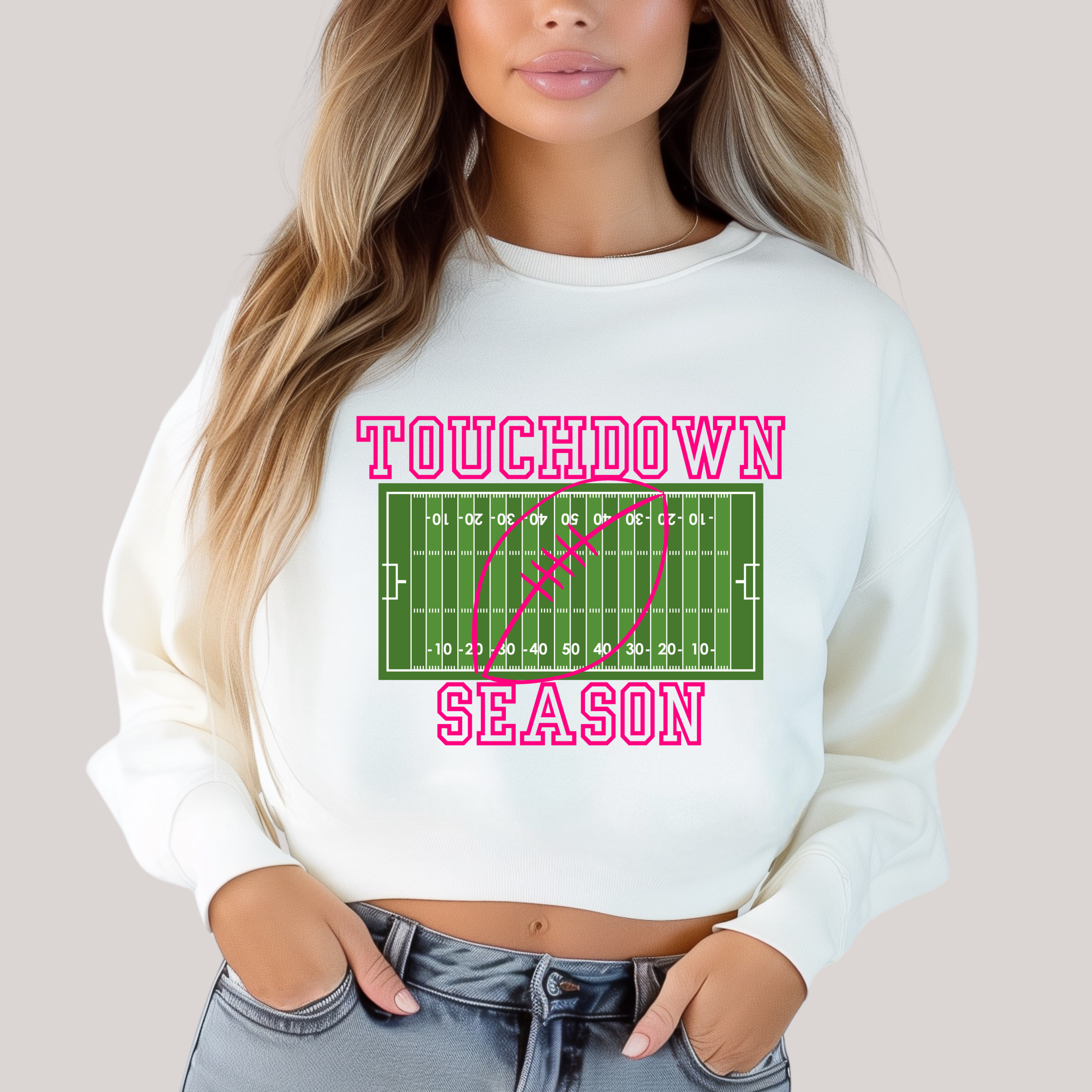 Touchdown Season in White Sweatshirt Sweater Ave Shops- Tilden Co.