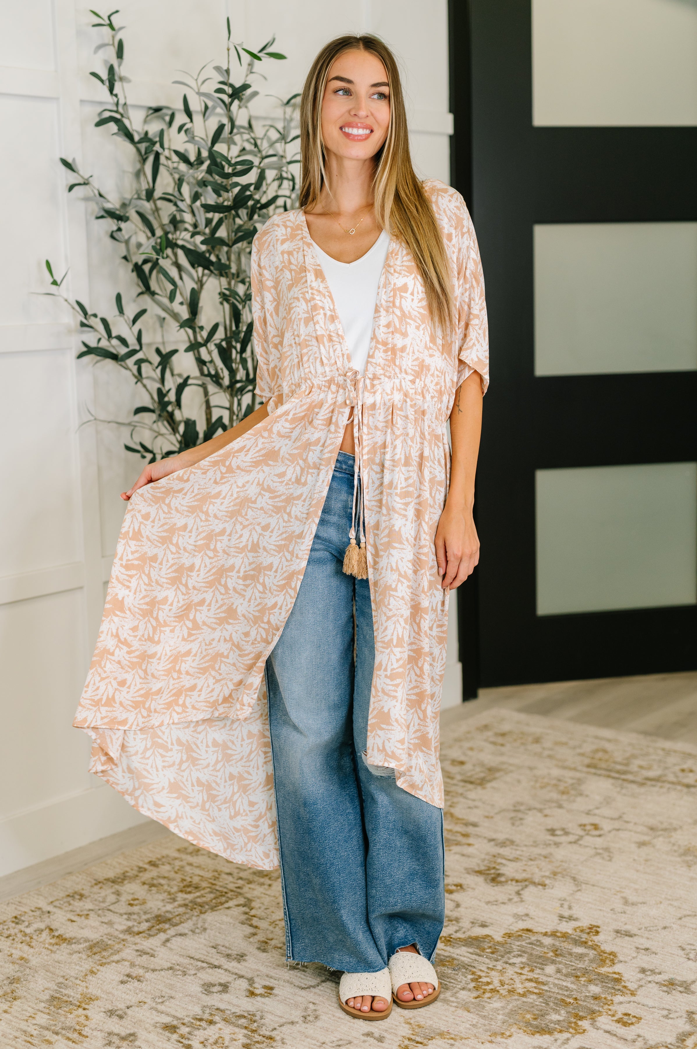 Tropical Print Gauze Kimono with Elastic Waist Tie in Milk Tea Womens Ave Shops- Tilden Co.