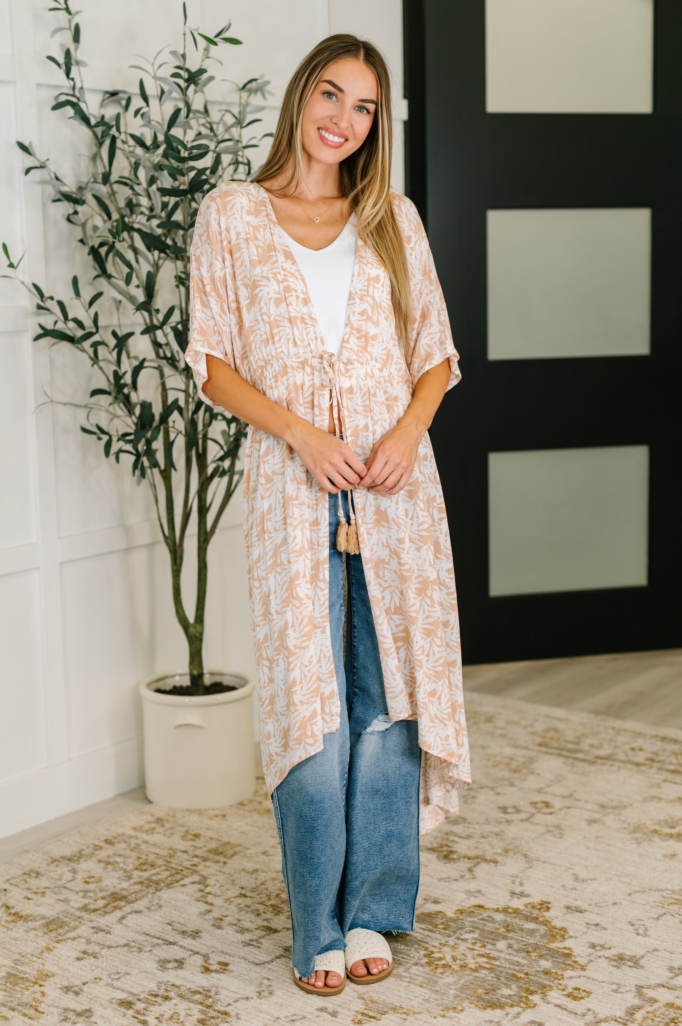 Tropical Print Gauze Kimono with Elastic Waist Tie in Milk Tea Womens Ave Shops- Tilden Co.