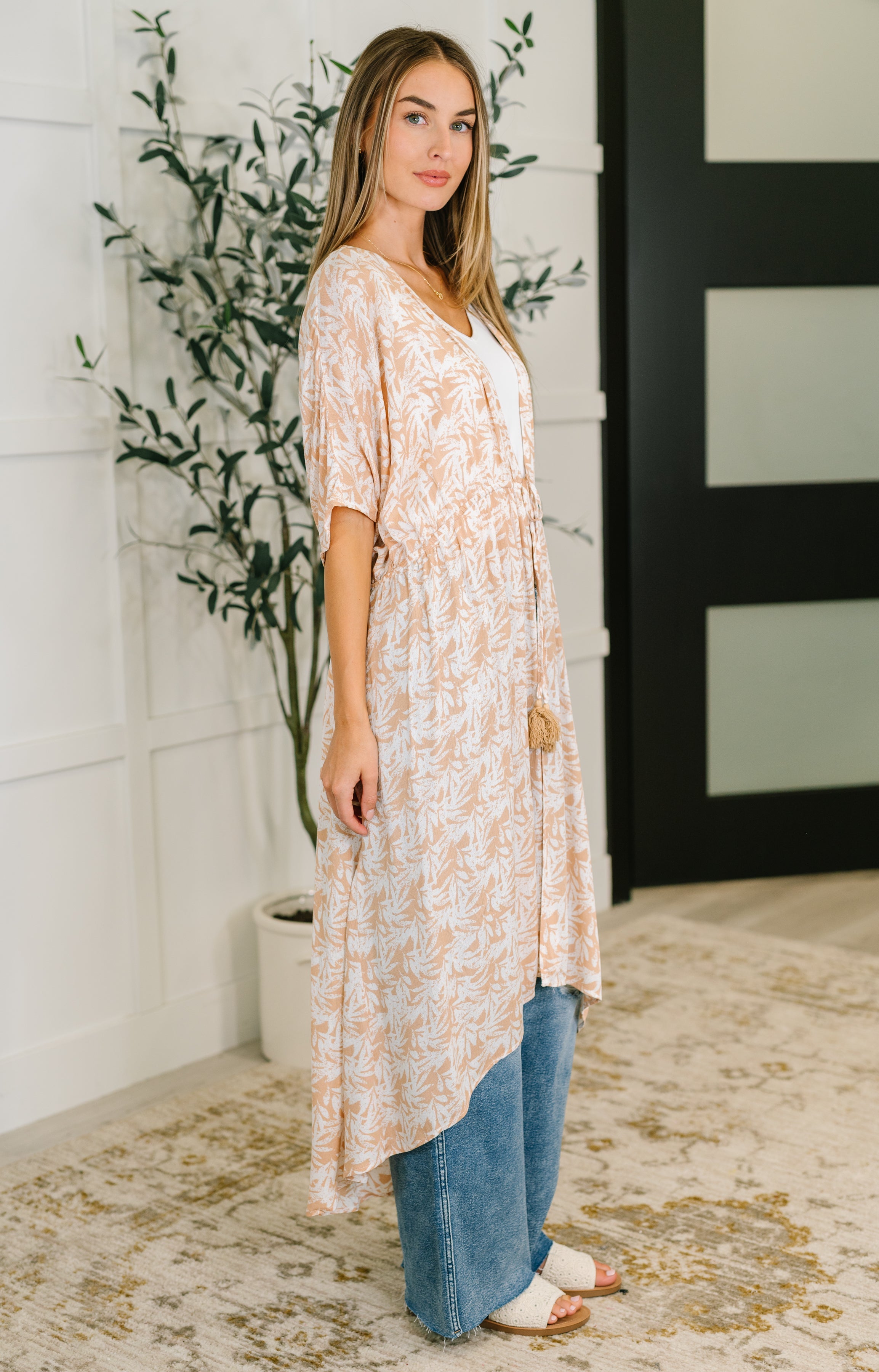 Tropical Print Gauze Kimono with Elastic Waist Tie in Milk Tea Womens Ave Shops- Tilden Co.