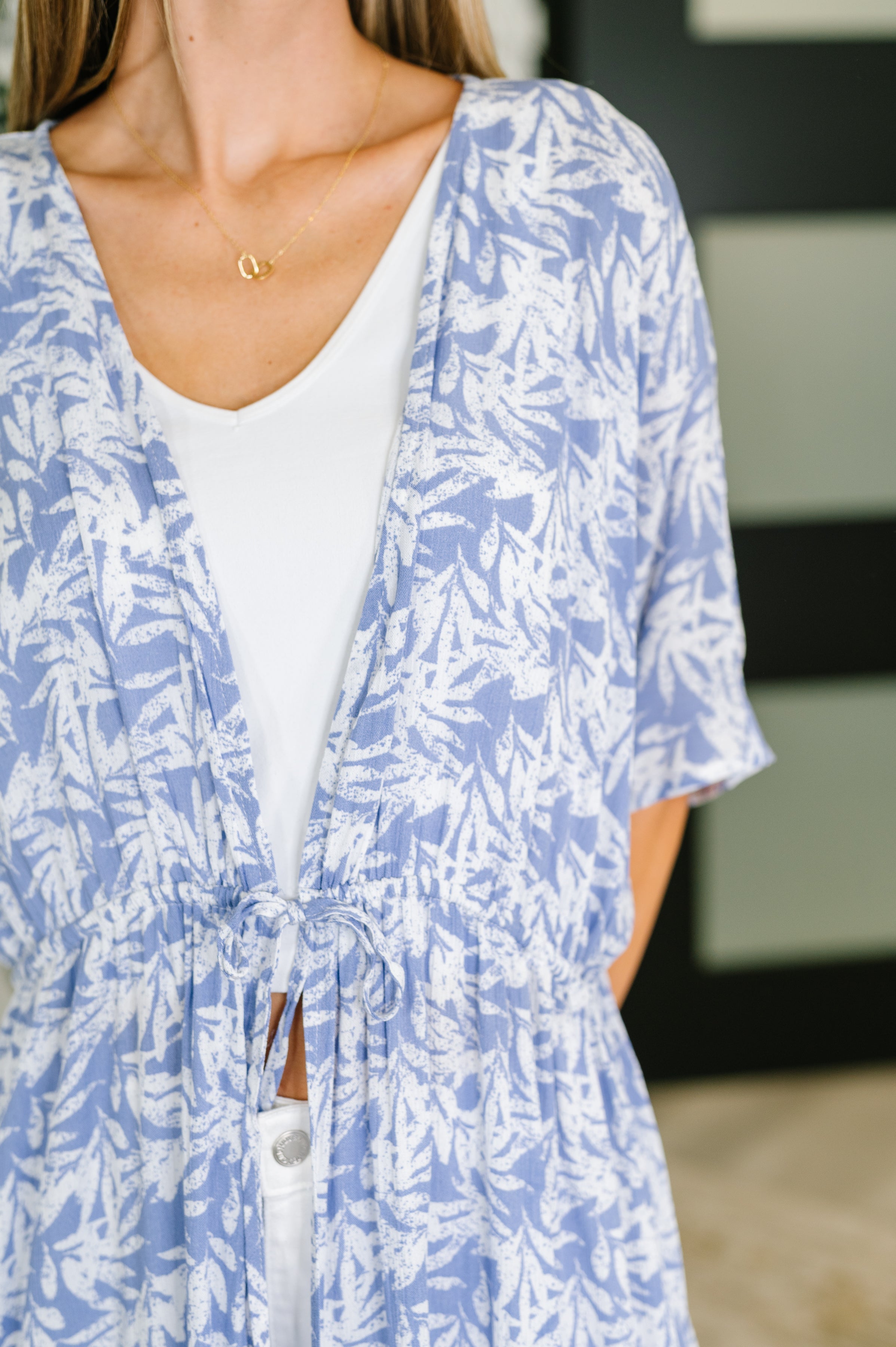 Tropical Print Gauze Kimono with Elastic Waist Tie in Periwinkle Womens Ave Shops- Tilden Co.