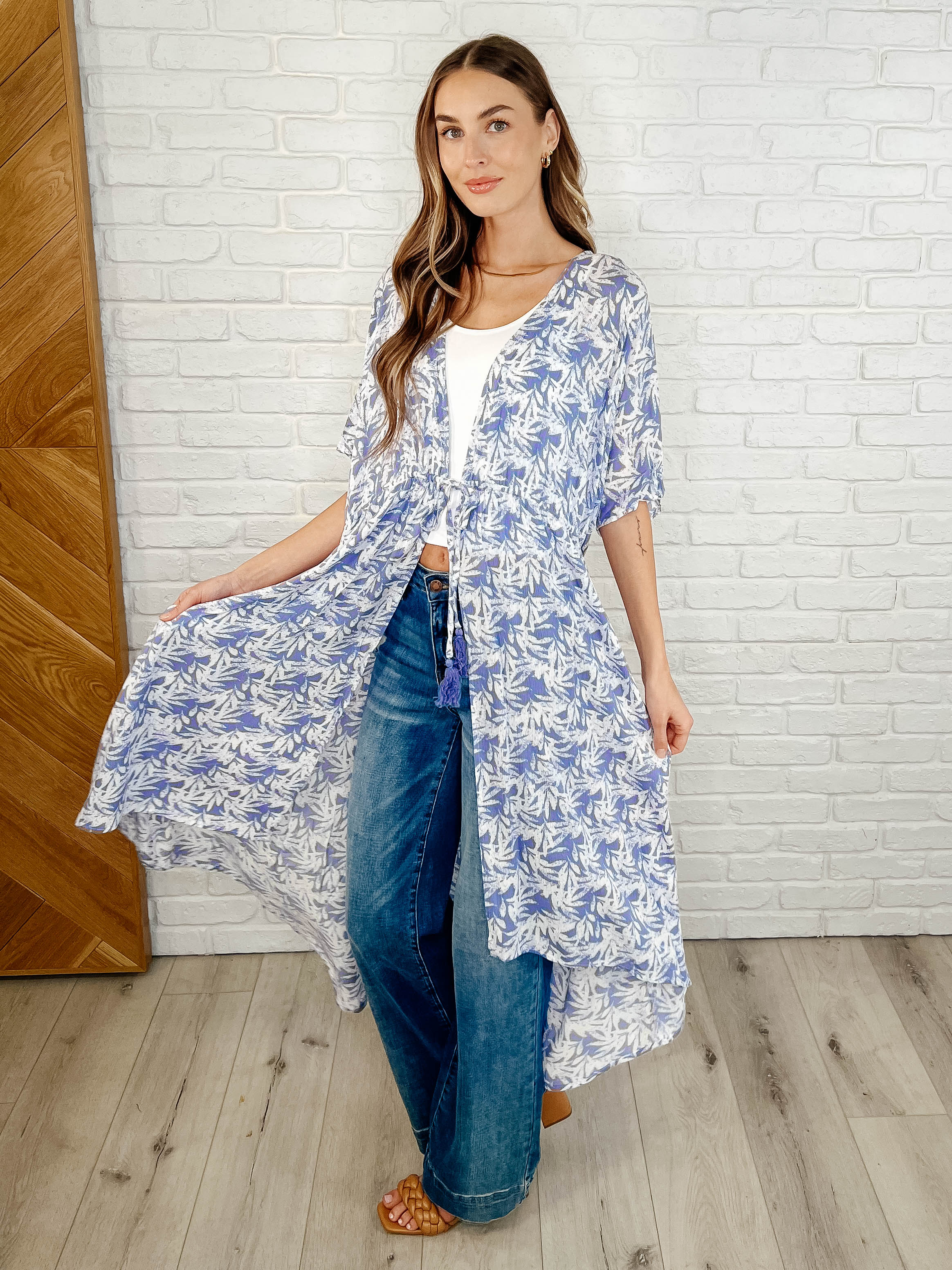 Tropical Print Gauze Kimono with Elastic Waist Tie in Periwinkle Womens Ave Shops- Tilden Co.