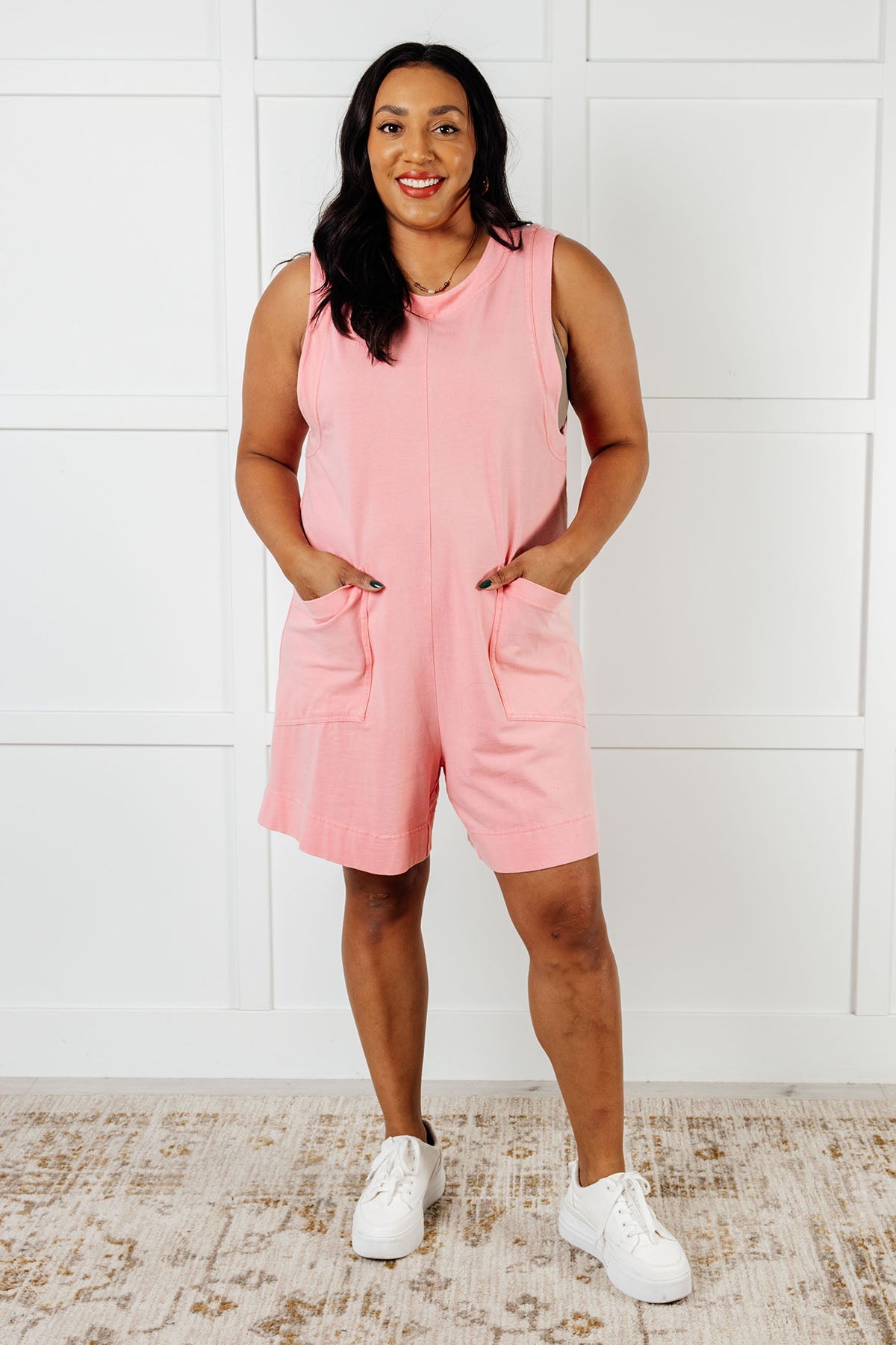 Up and Running Mineral Wash Romper in Coral Pink Jumpsuits & Rompers Ave Shops- Tilden Co.