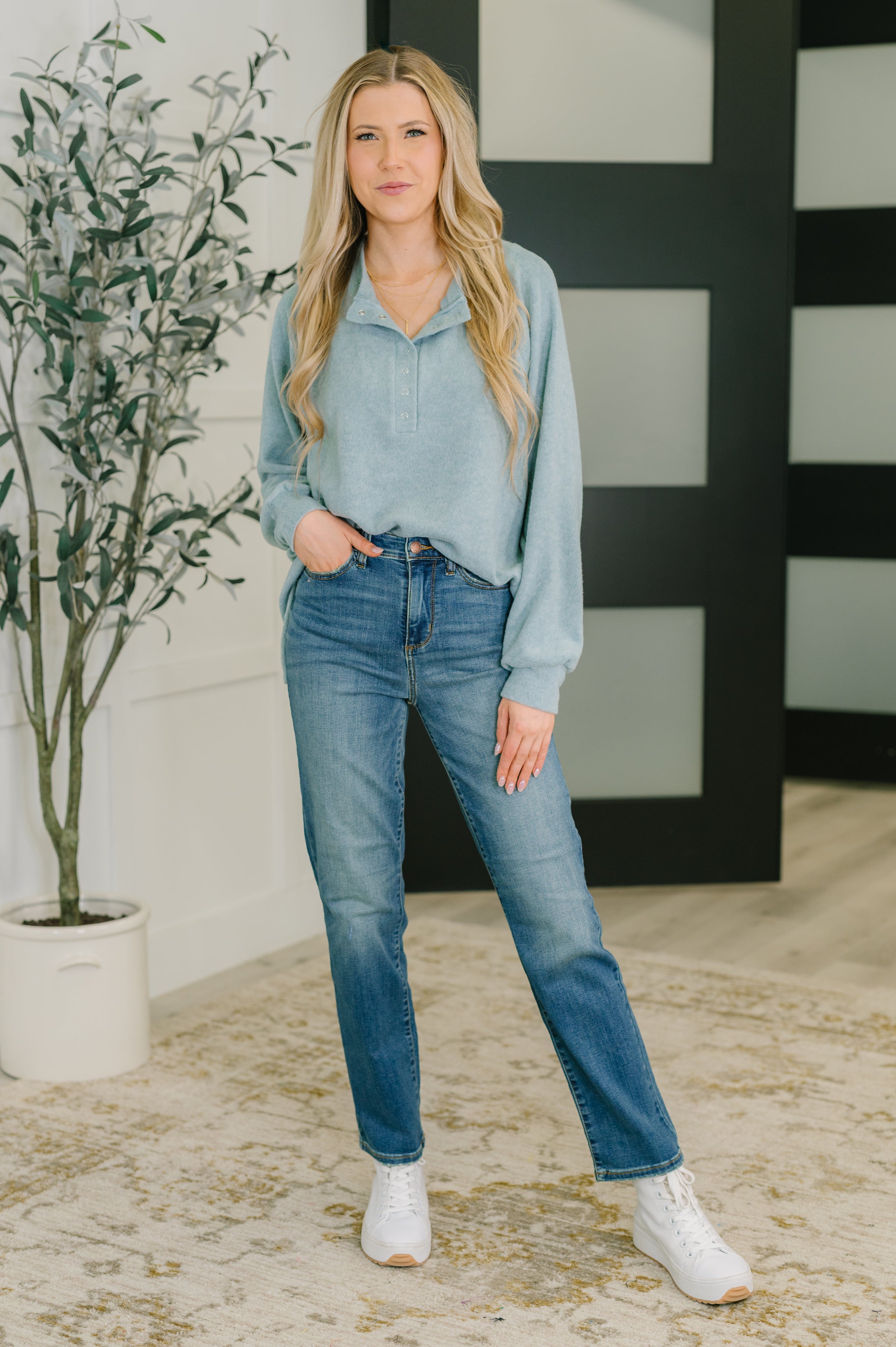 Urban Flux Scooped Hi-Low Long Pullover in Blue Grey Womens Ave Shops- Tilden Co.