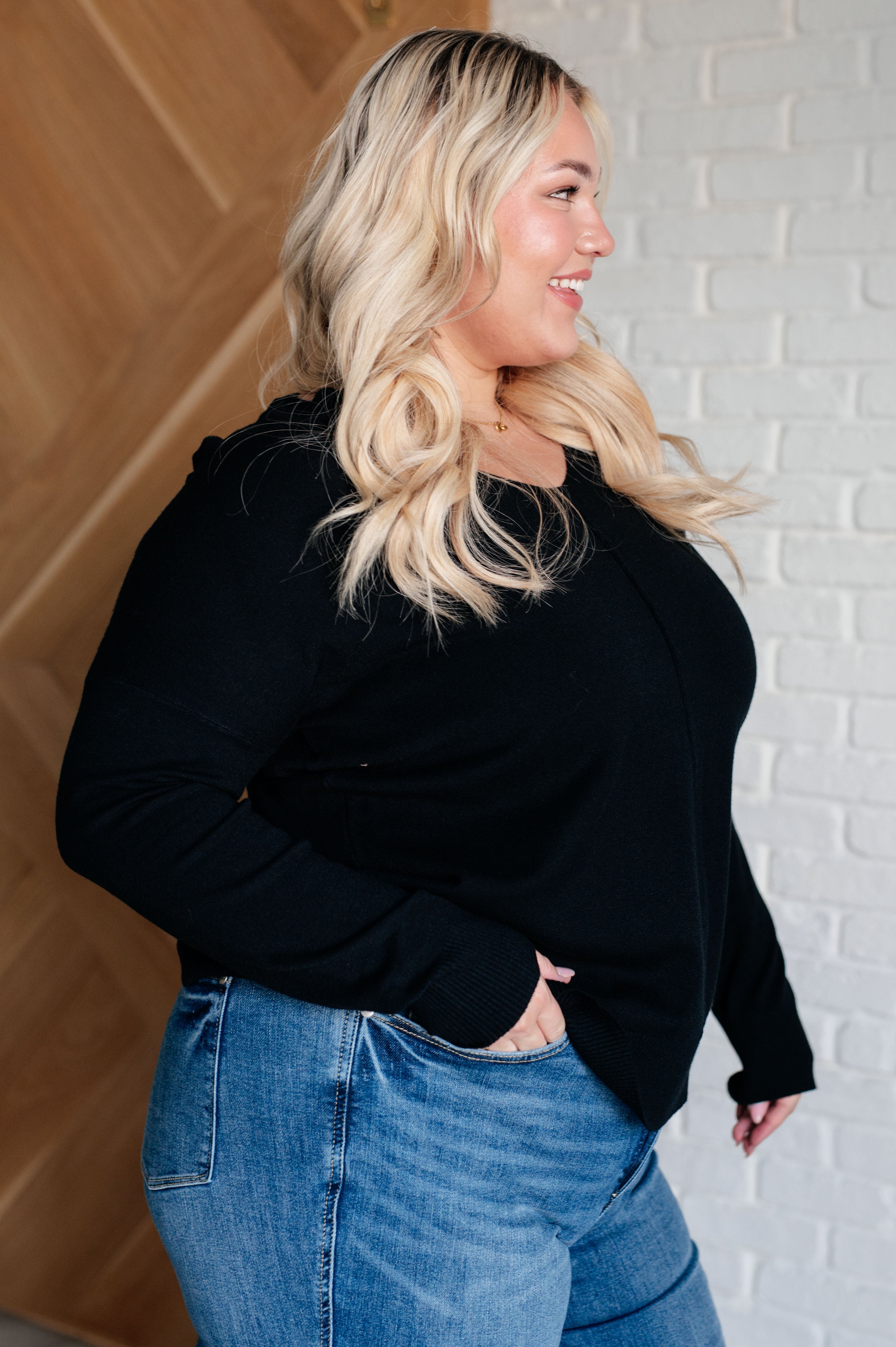 V-Neck Front Seam Sweater in Black    Tops Ave Shops- Tilden Co.