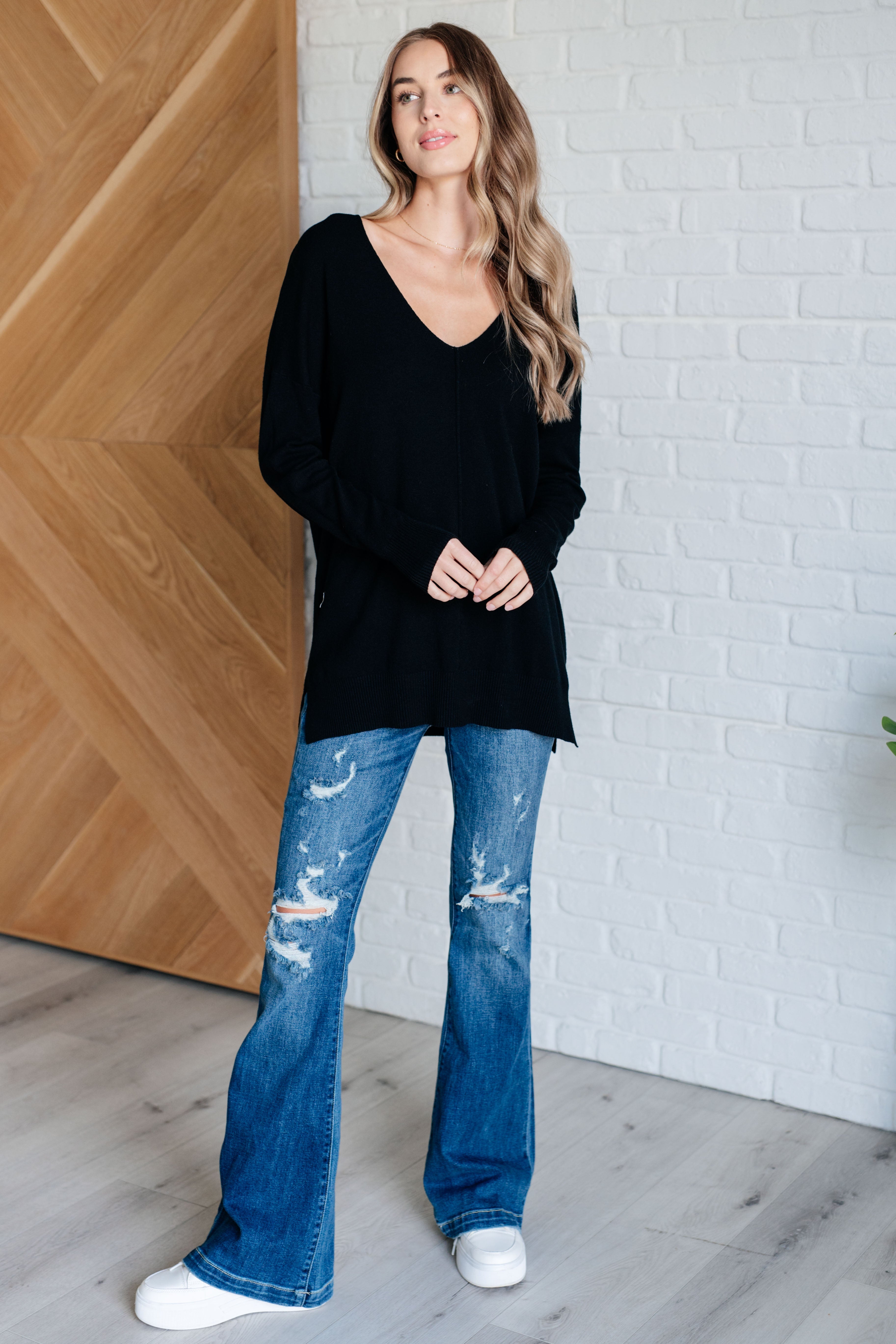 V-Neck Front Seam Sweater in Black    Tops Ave Shops- Tilden Co.