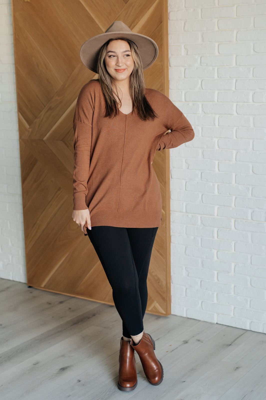 V-Neck Front Seam Sweater in Deep Camel    Tops Ave Shops- Tilden Co.