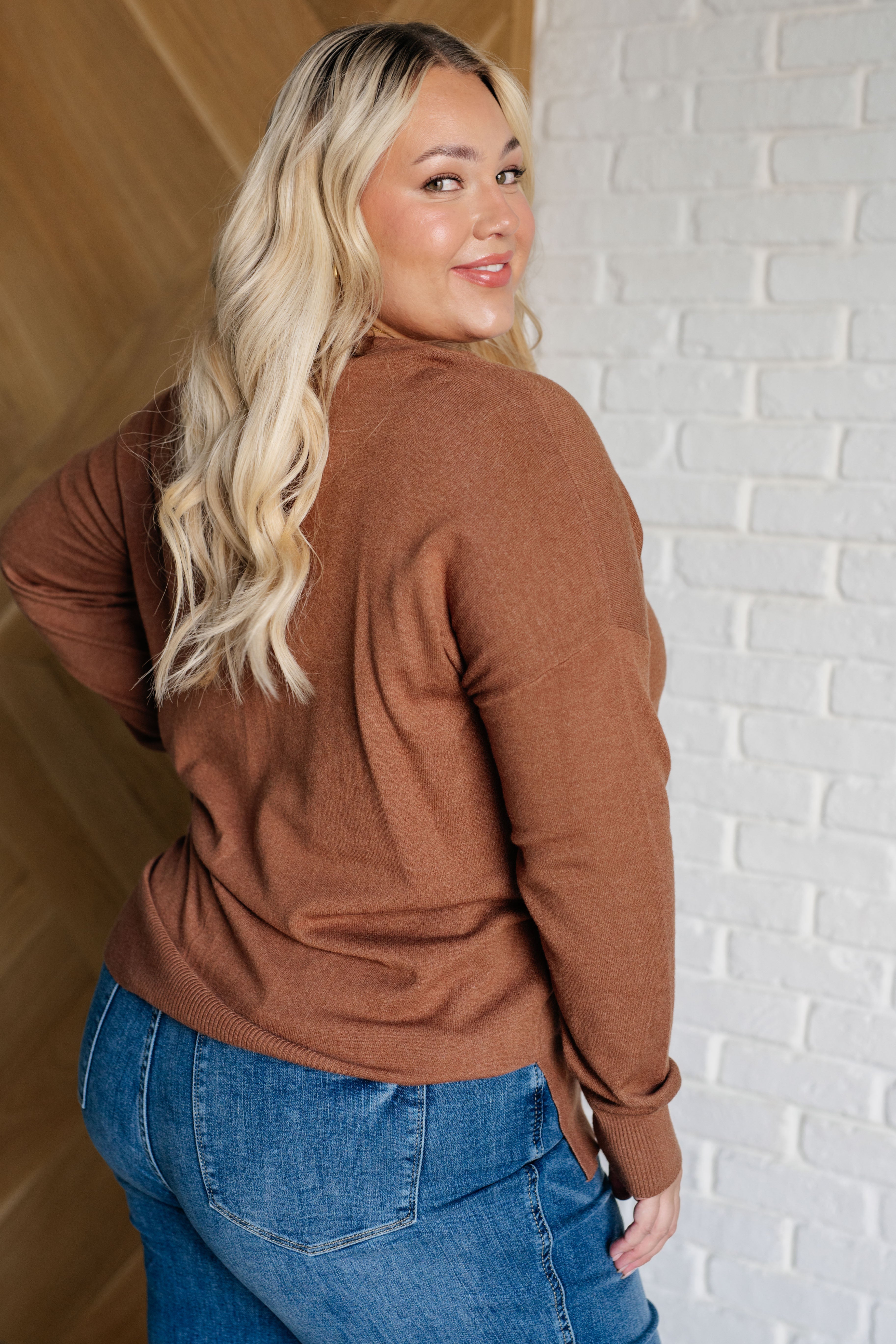 V-Neck Front Seam Sweater in Deep Camel    Tops Ave Shops- Tilden Co.