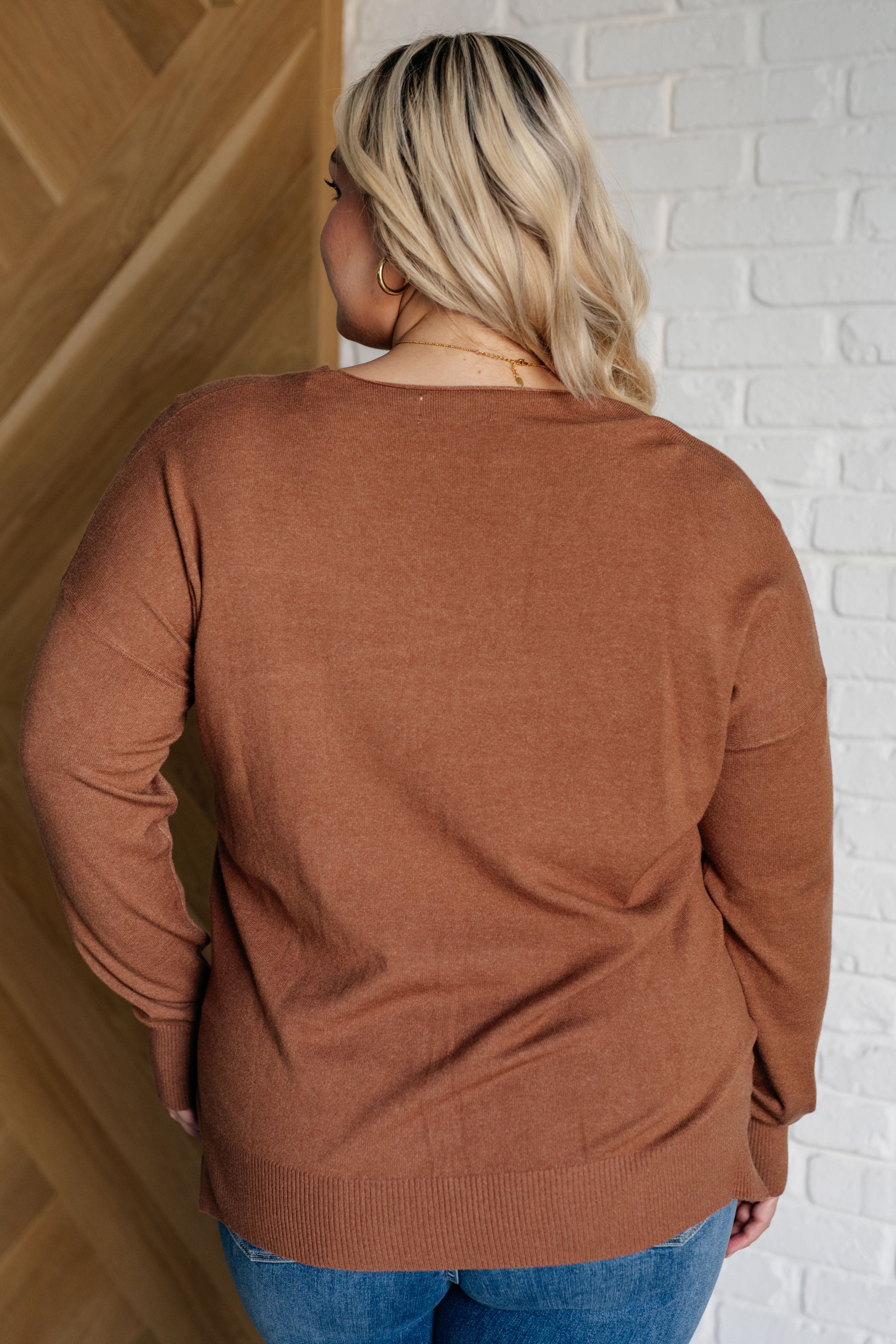 V-Neck Front Seam Sweater in Deep Camel    Tops Ave Shops- Tilden Co.