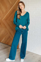 V-Neck Front Seam Sweater in Heather Ocean Teal    Tops Ave Shops- Tilden Co.