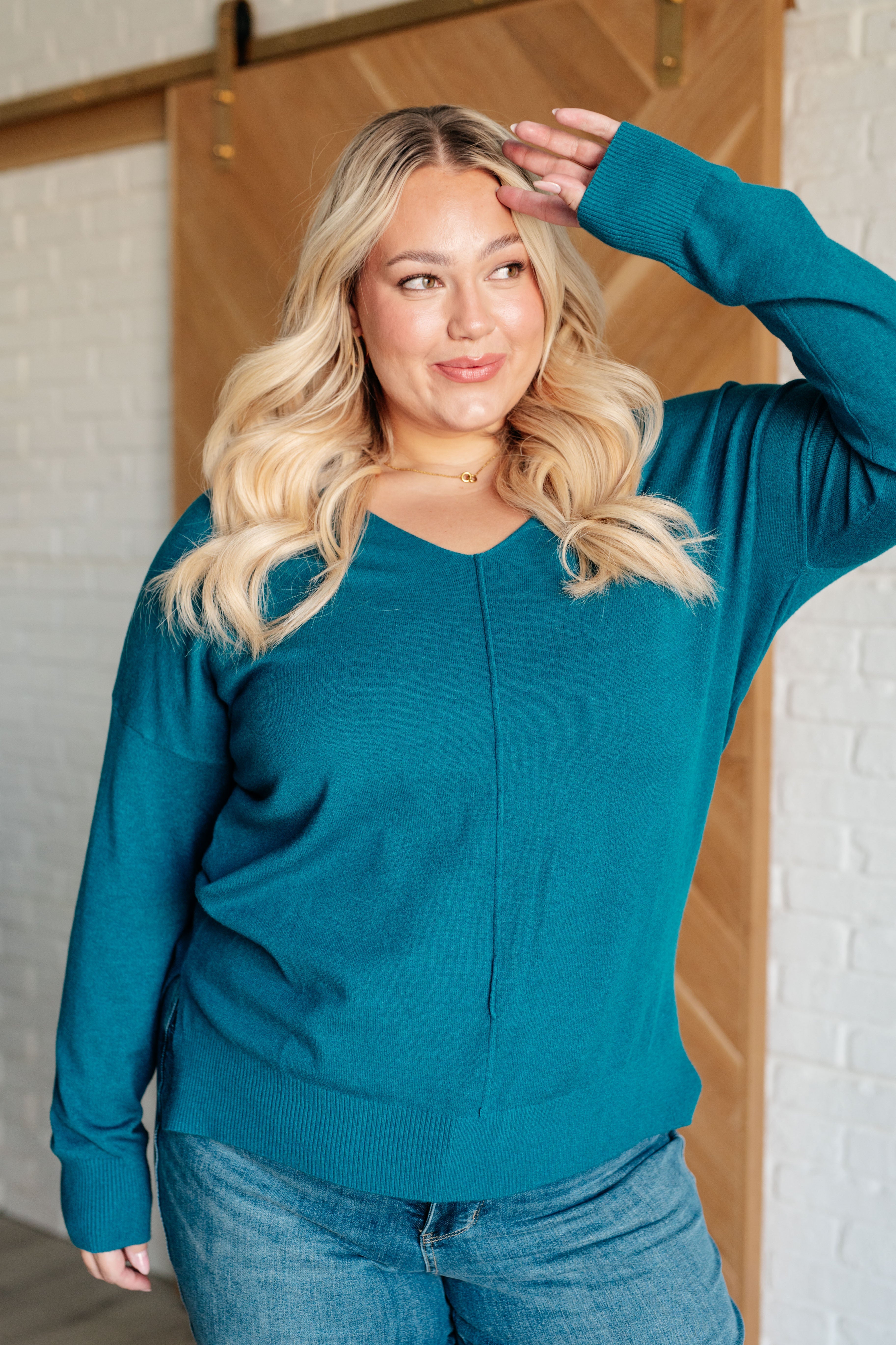 V-Neck Front Seam Sweater in Heather Ocean Teal    Tops Ave Shops- Tilden Co.