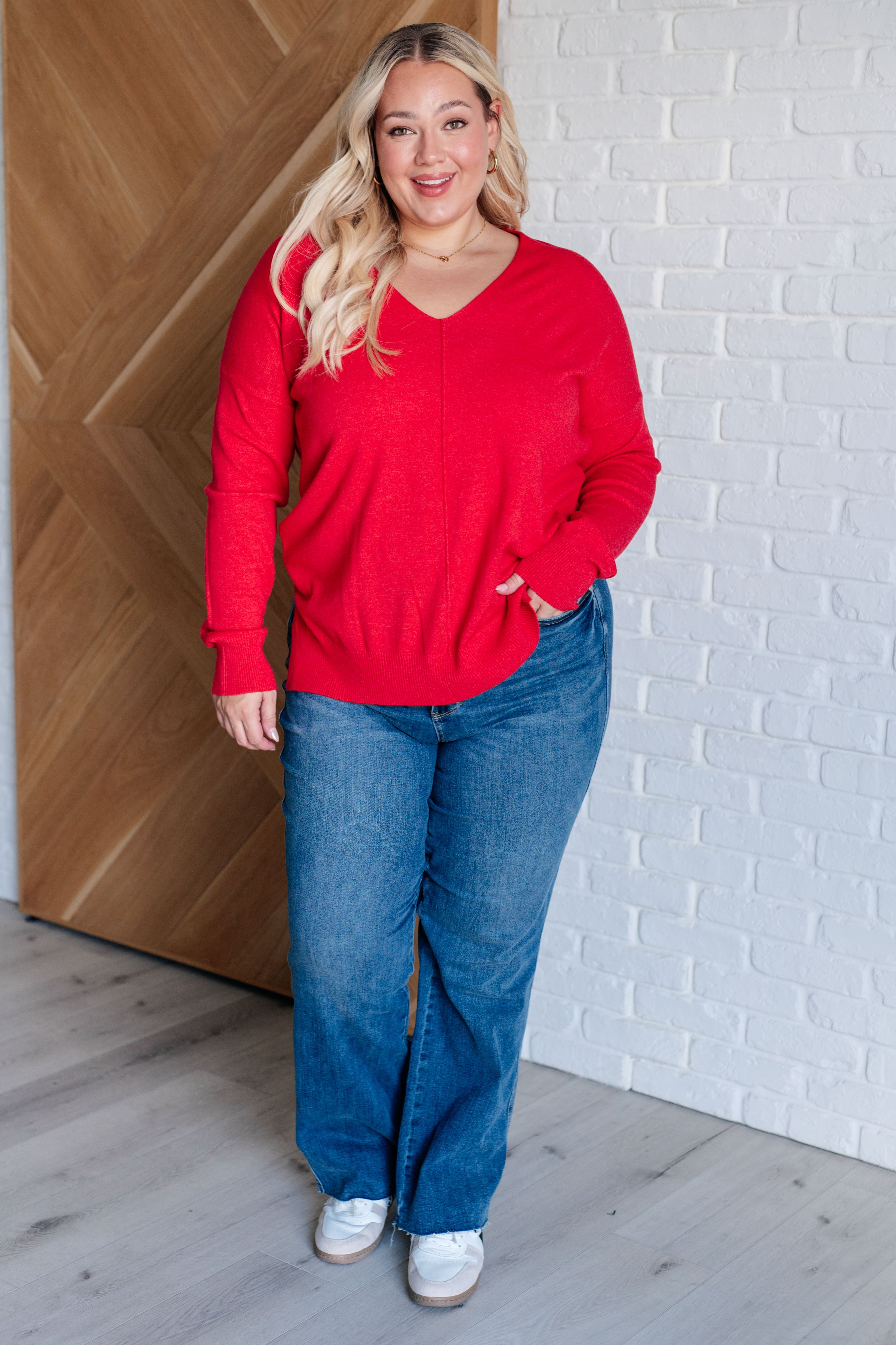 V-Neck Front Seam Sweater in Heather Red    Tops Ave Shops- Tilden Co.