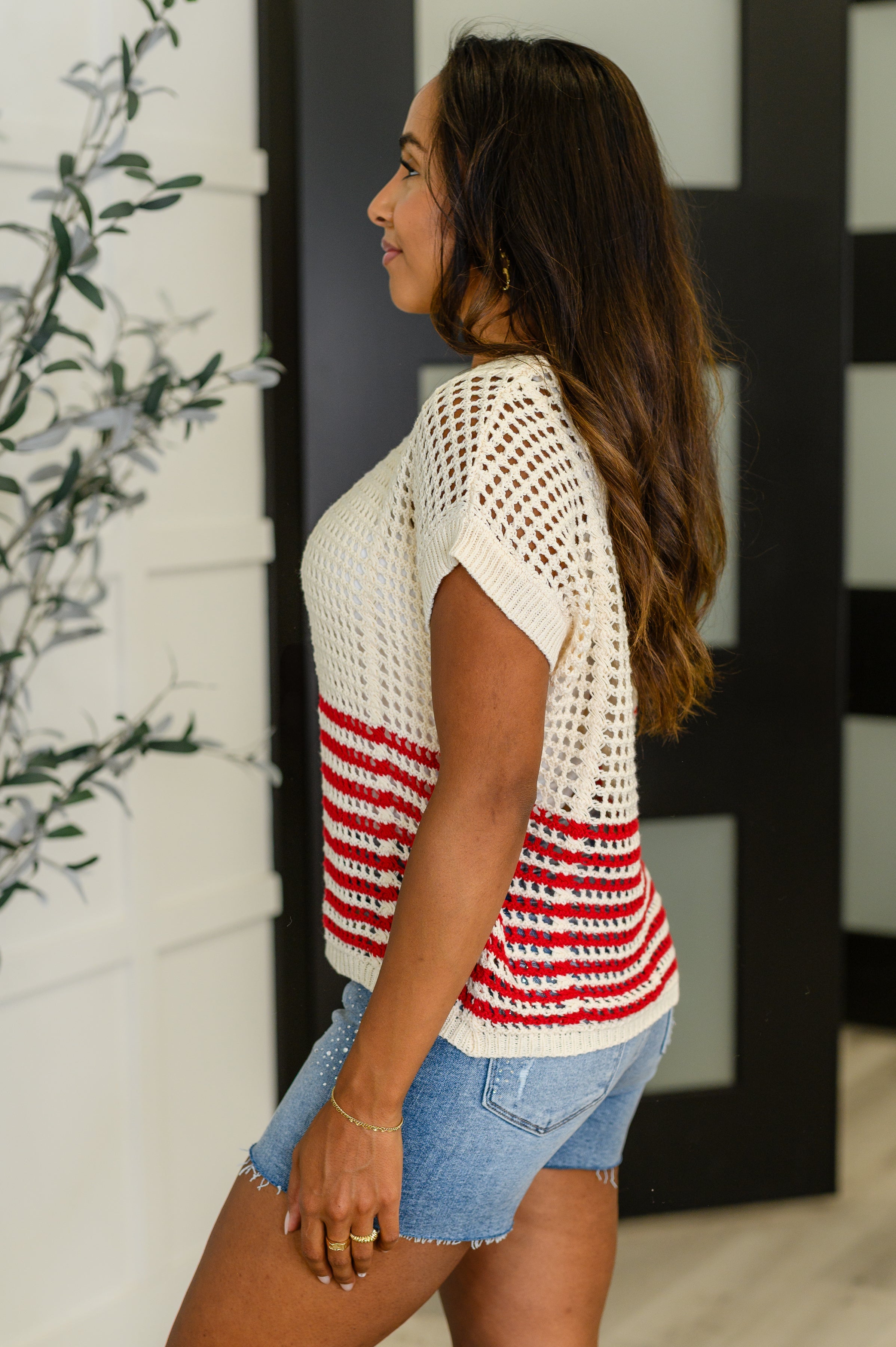 Vibes Don't Lie Net Tee Red Striped Womens Ave Shops- Tilden Co.