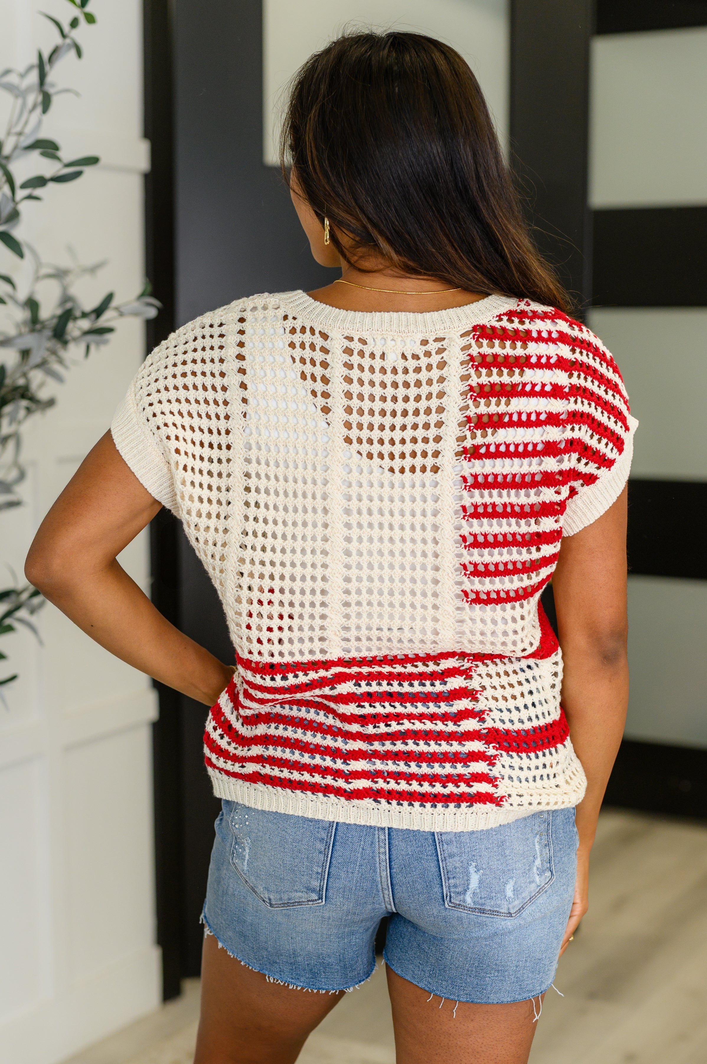 Vibes Don't Lie Net Tee Red Striped Womens Ave Shops- Tilden Co.