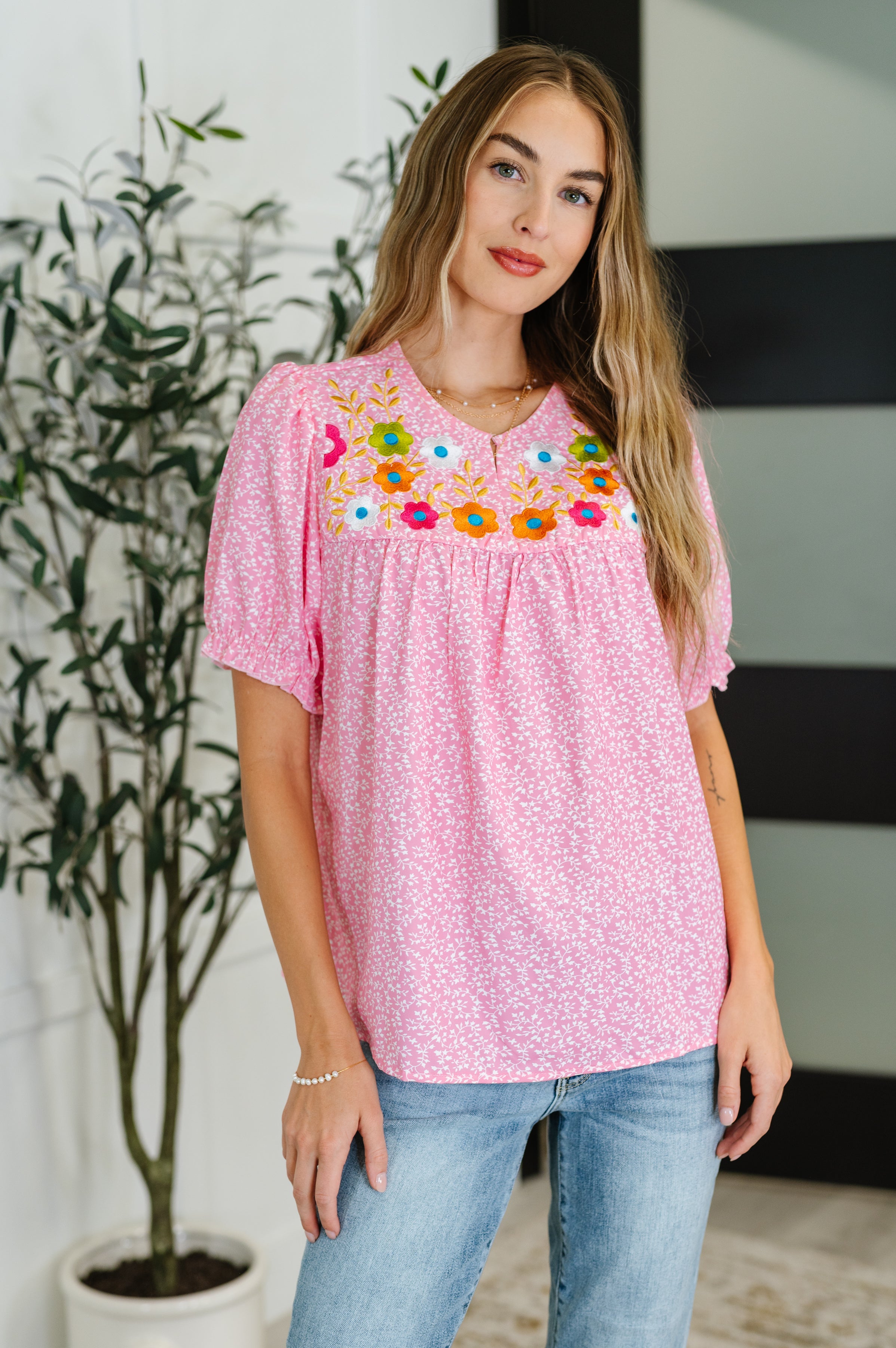 Wander Bloom Embroidered Puff Sleeve Blouse in Pink Womens Ave Shops- Tilden Co.