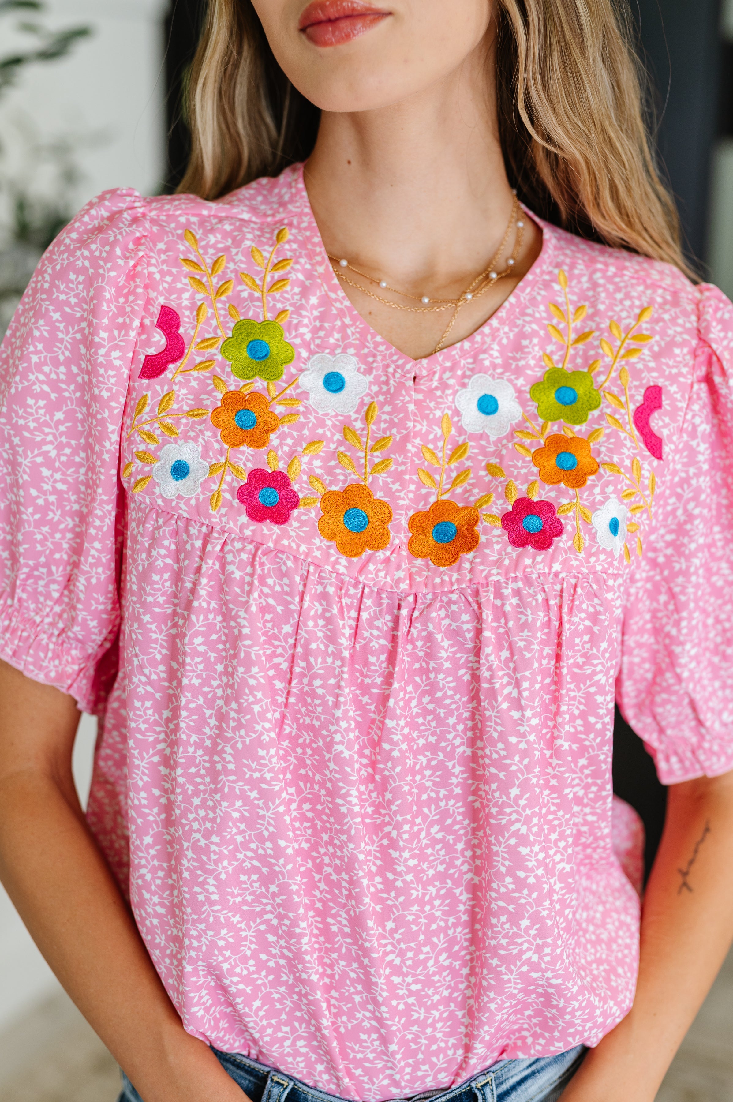 Wander Bloom Embroidered Puff Sleeve Blouse in Pink Womens Ave Shops- Tilden Co.