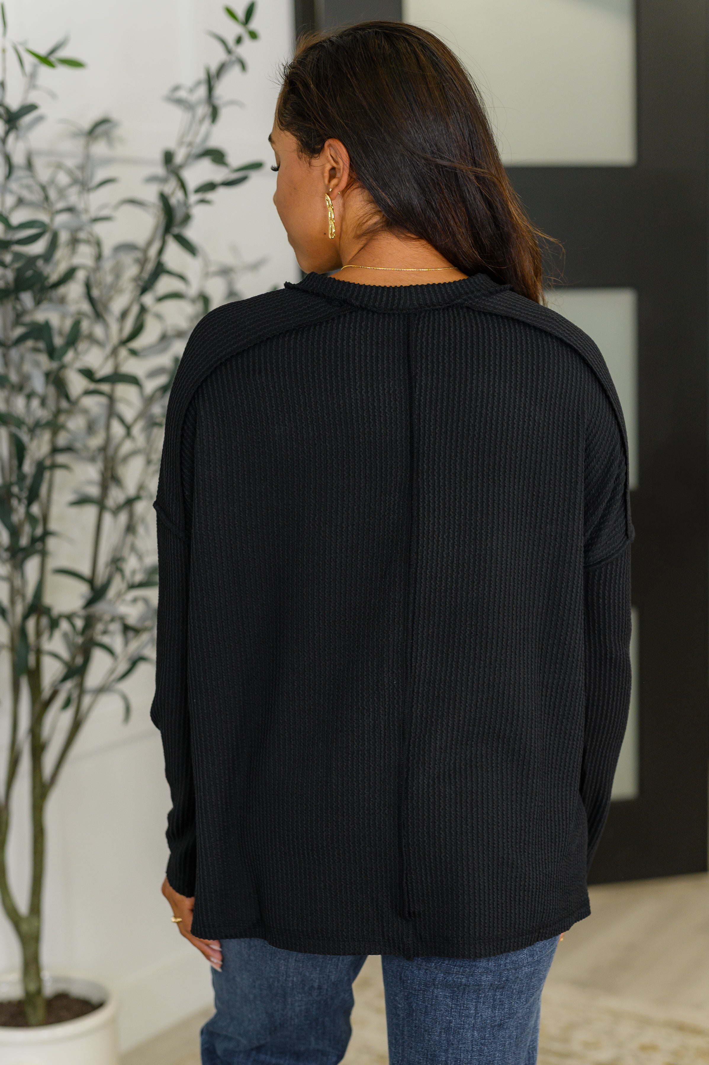 Wander & Rest Cable Ribbed Knit Drop Shoulder Top in Black Womens Ave Shops- Tilden Co.