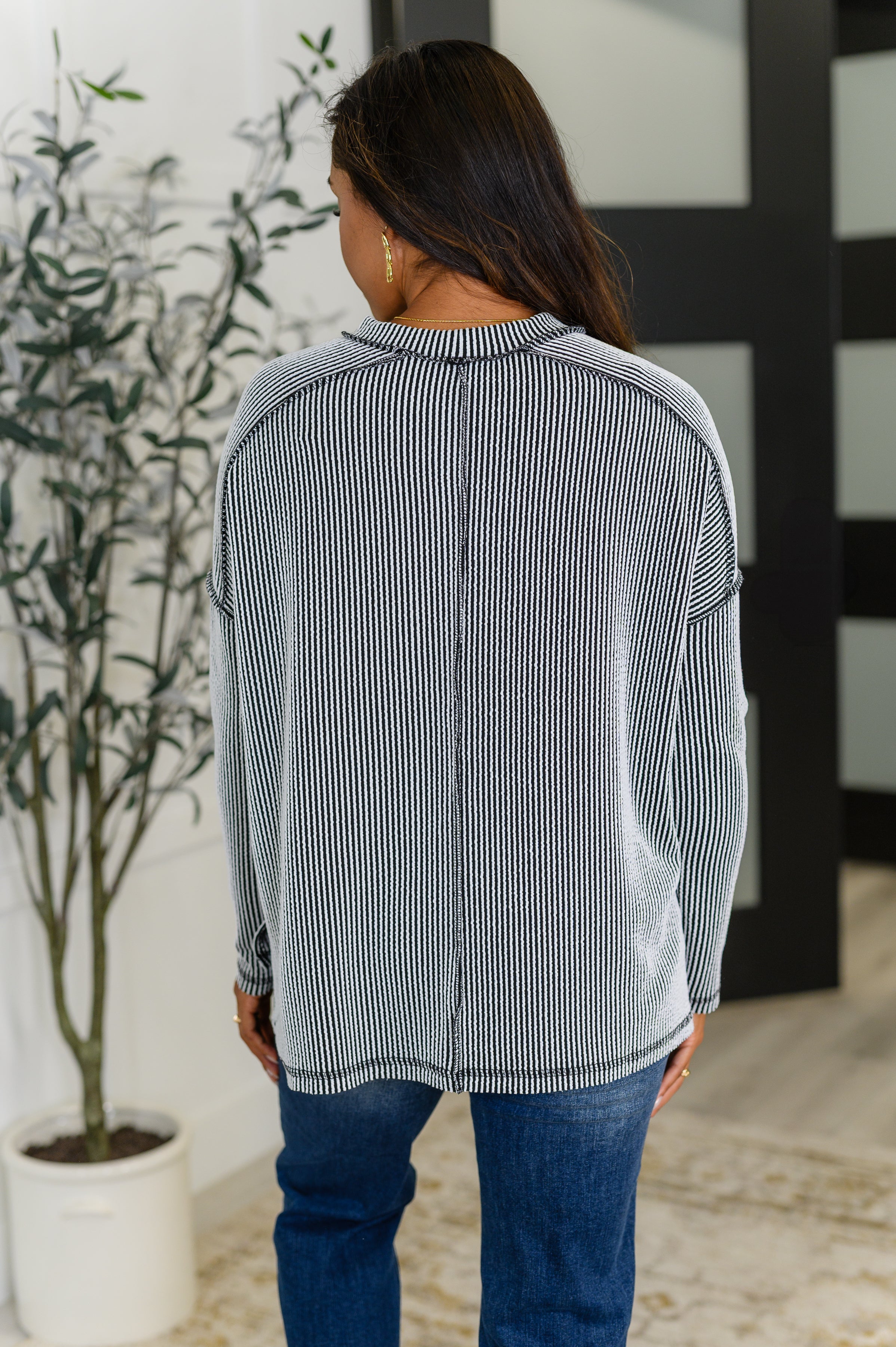 Wander & Rest Cable Ribbed Knit Drop Shoulder Top in Black/White Womens Ave Shops- Tilden Co.