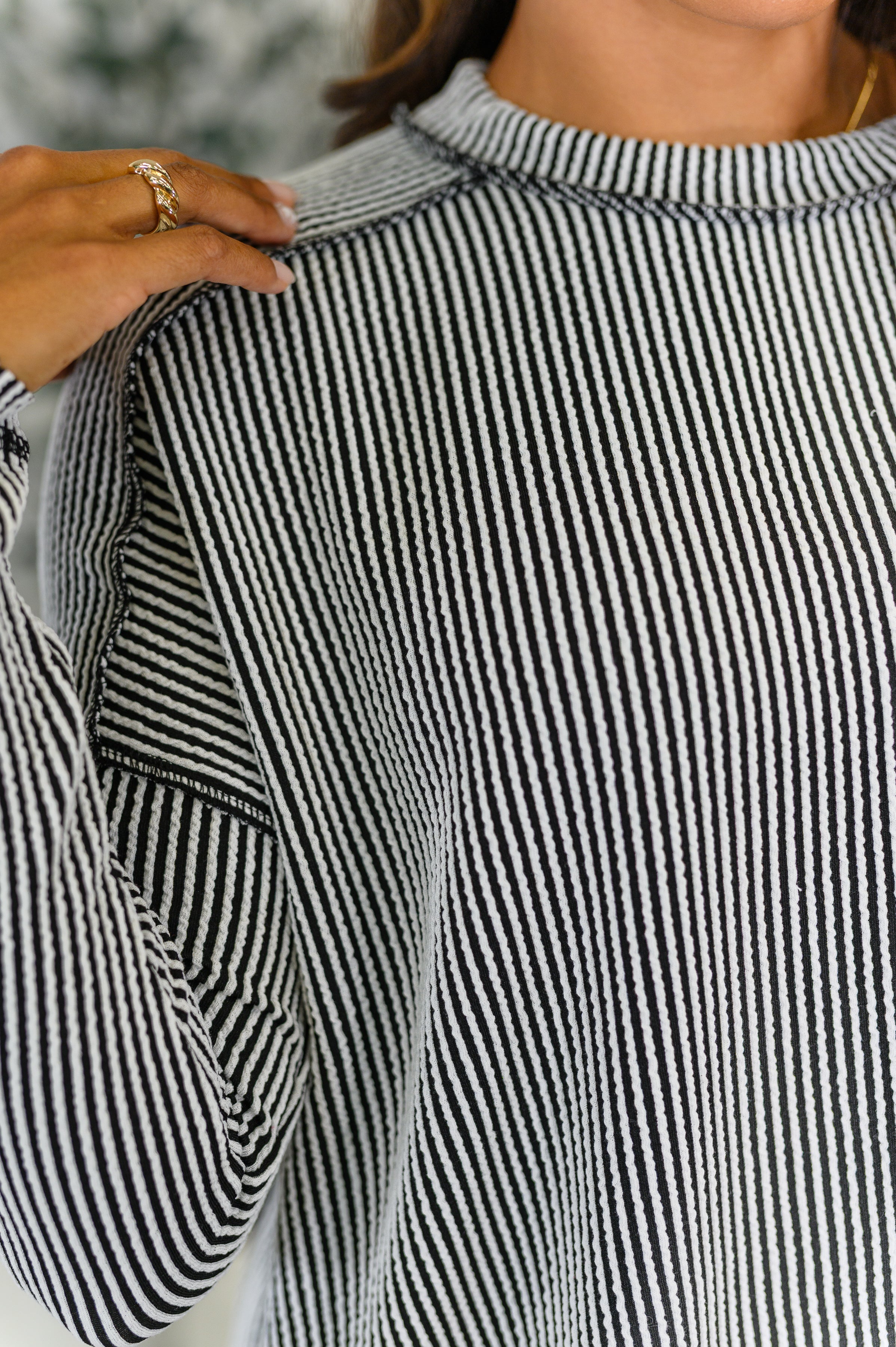 Wander & Rest Cable Ribbed Knit Drop Shoulder Top in Black/White Womens Ave Shops- Tilden Co.