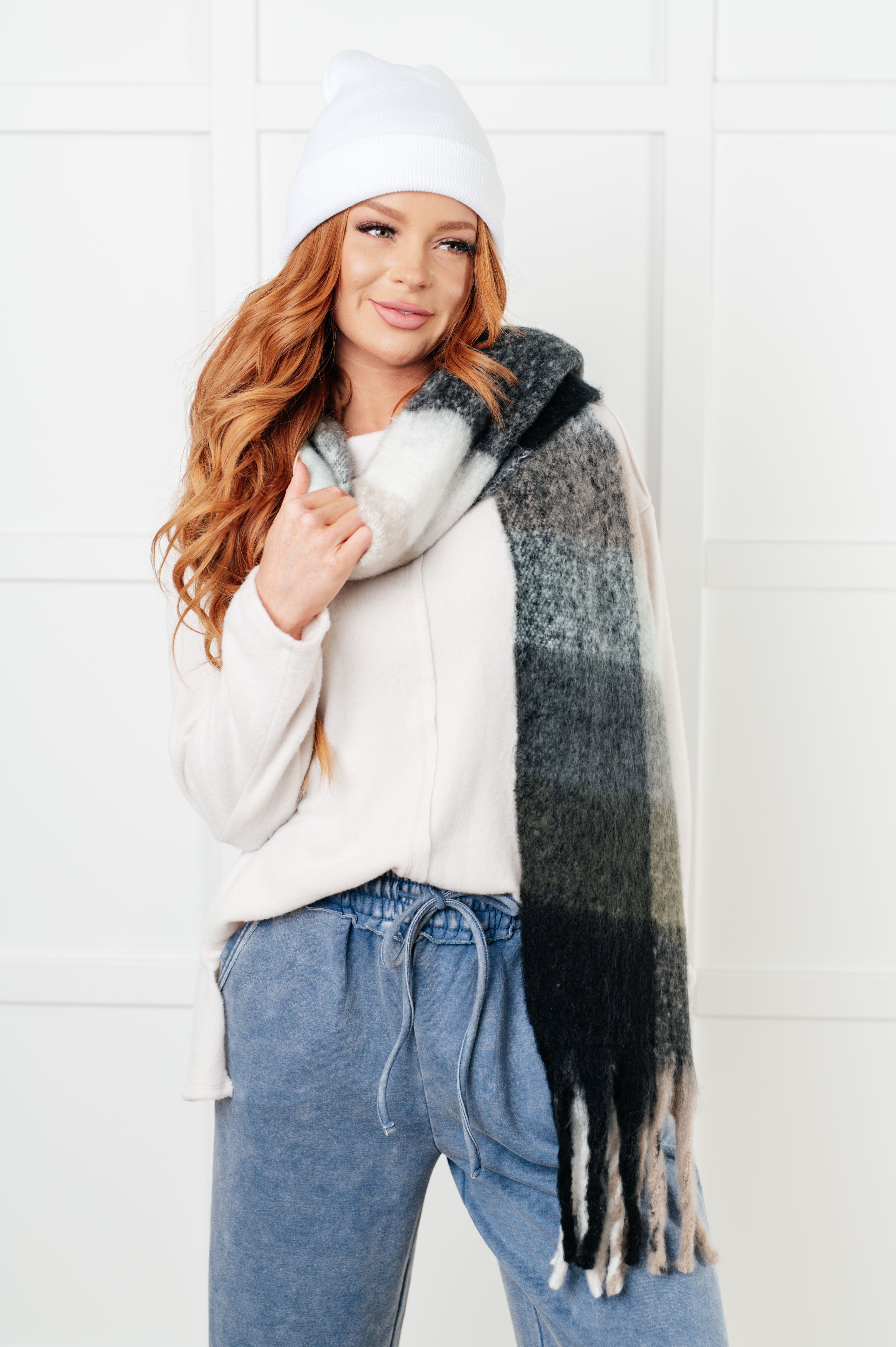 Wanderlust Wrap Oversized Plaid Fringe Scarf in Grey and Jade Accessories Ave Shops- Tilden Co.