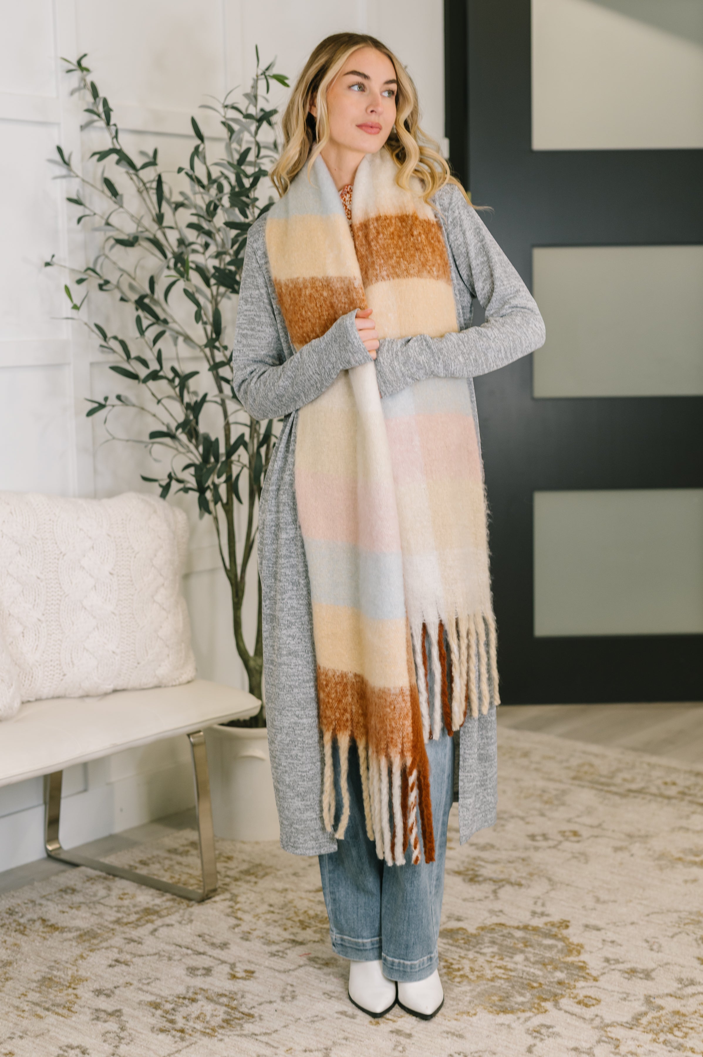 Wanderlust Wrap Oversized Plaid Fringe Scarf in Light Brown Accessories Ave Shops- Tilden Co.