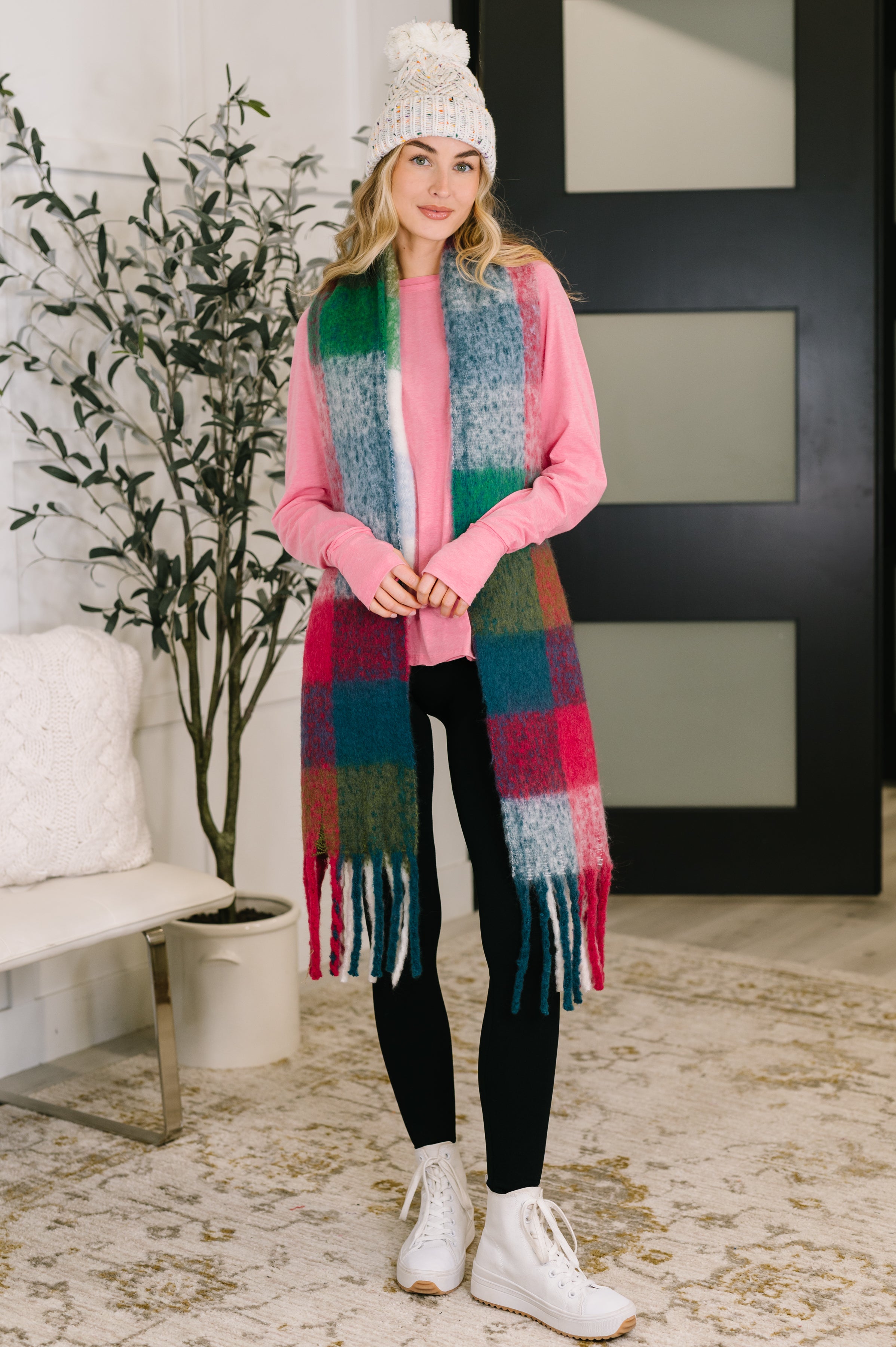 Wanderlust Wrap Oversized Plaid Fringe Scarf in Magenta and Teal Accessories Ave Shops- Tilden Co.