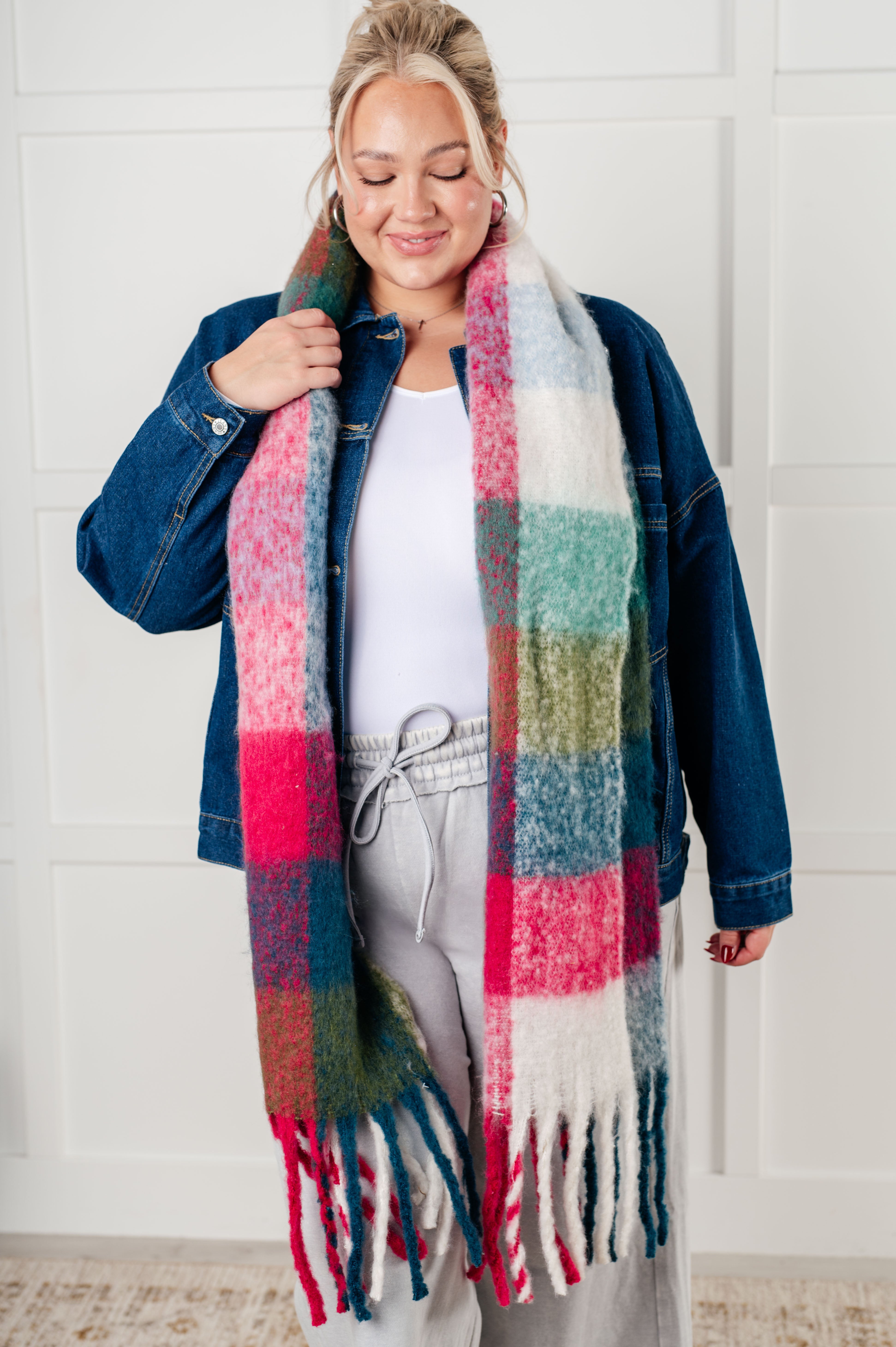 Wanderlust Wrap Oversized Plaid Fringe Scarf in Magenta and Teal Accessories Ave Shops- Tilden Co.