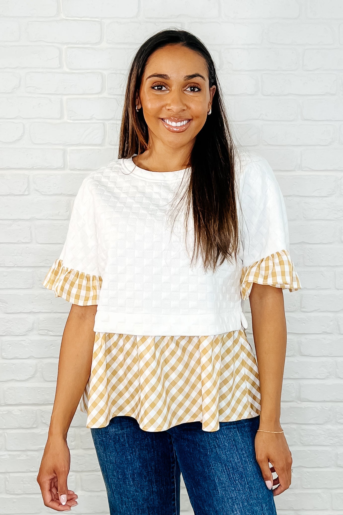 Welcome Me Home Gingham Print Top Womens Ave Shops- Tilden Co.