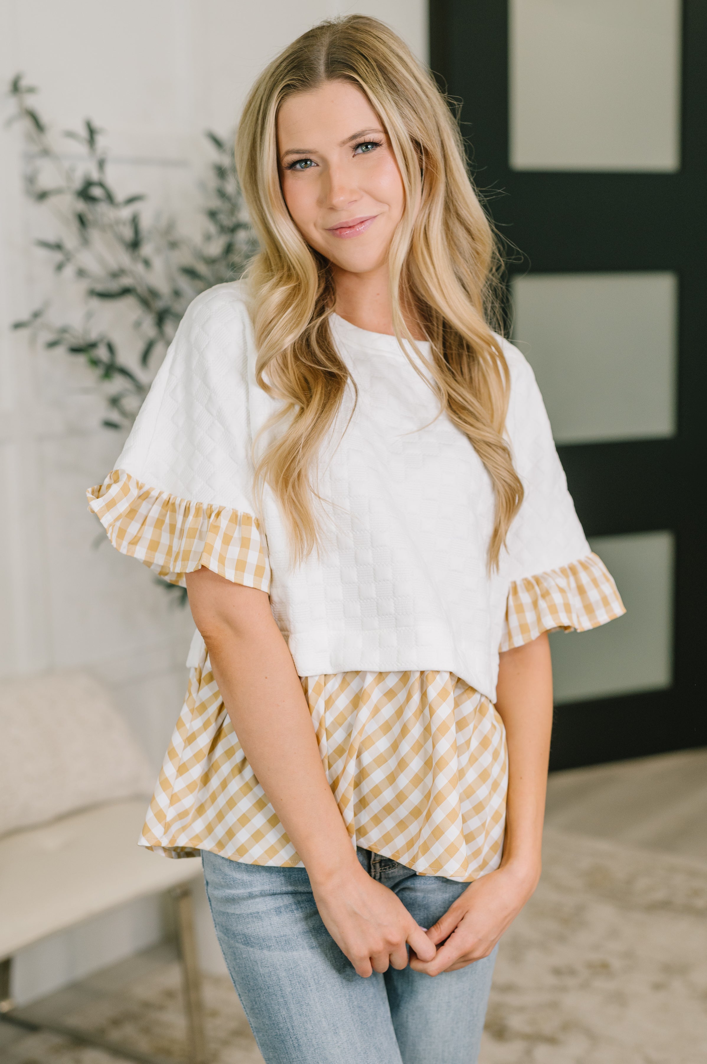 Welcome Me Home Gingham Print Top Womens Ave Shops- Tilden Co.
