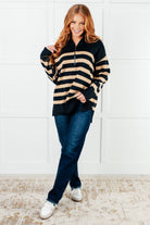 Well Situated Striped Quarter Zip Sweater in Black and Tan Tops Ave Shops- Tilden Co.