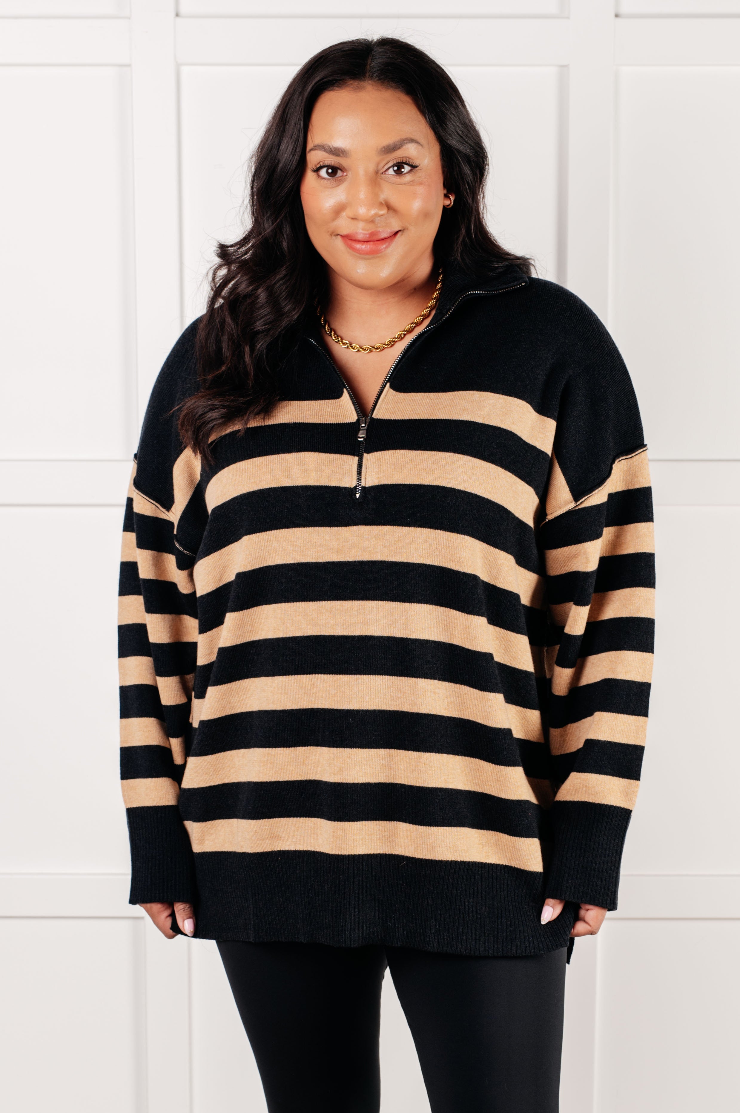 Well Situated Striped Quarter Zip Sweater in Black and Tan Tops Ave Shops- Tilden Co.