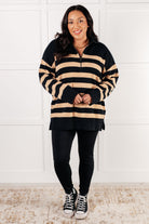 Well Situated Striped Quarter Zip Sweater in Black and Tan Tops Ave Shops- Tilden Co.