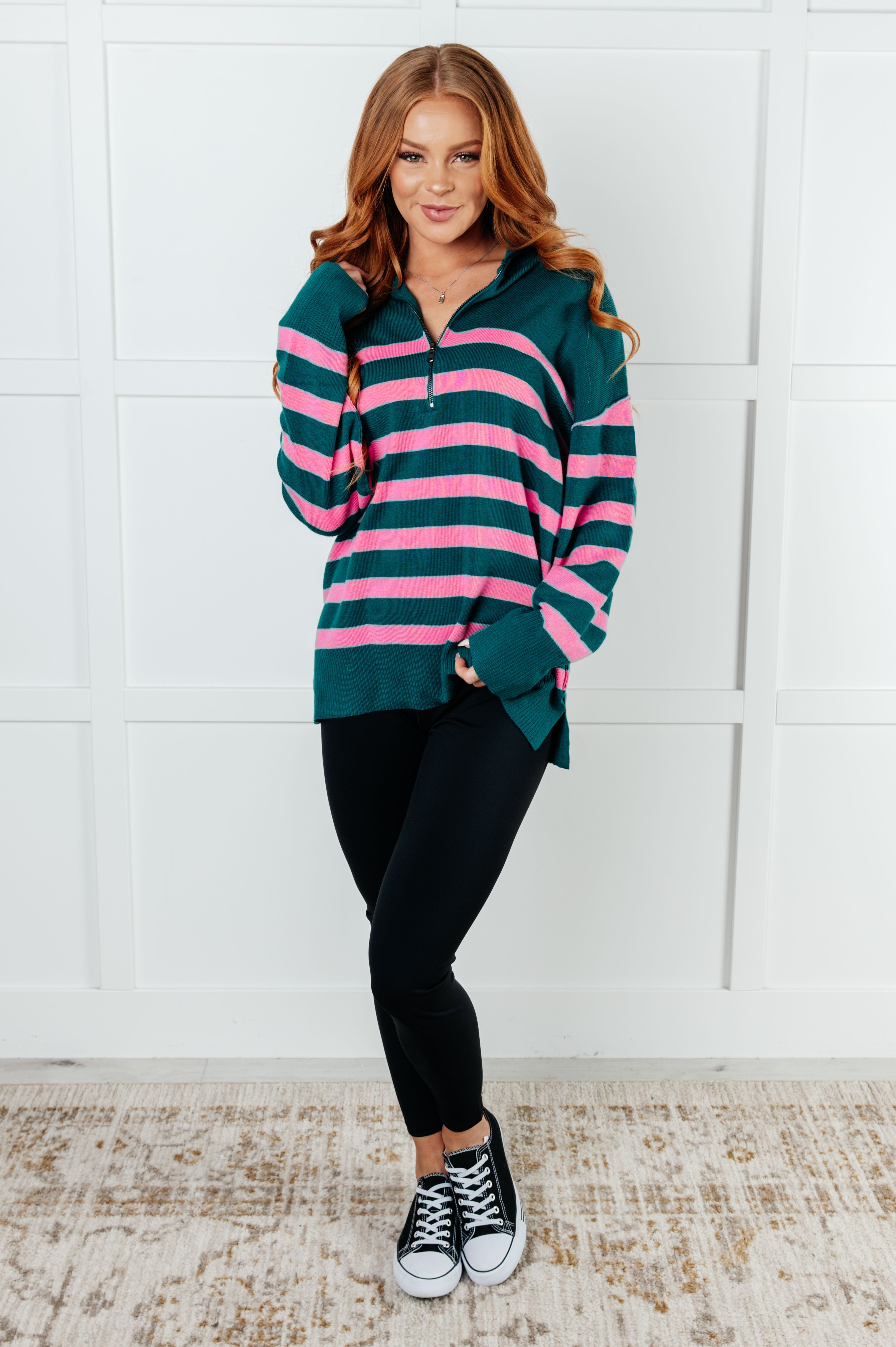 Well Situated Striped Quarter Zip Sweater in Green and Pink Tops Ave Shops- Tilden Co.