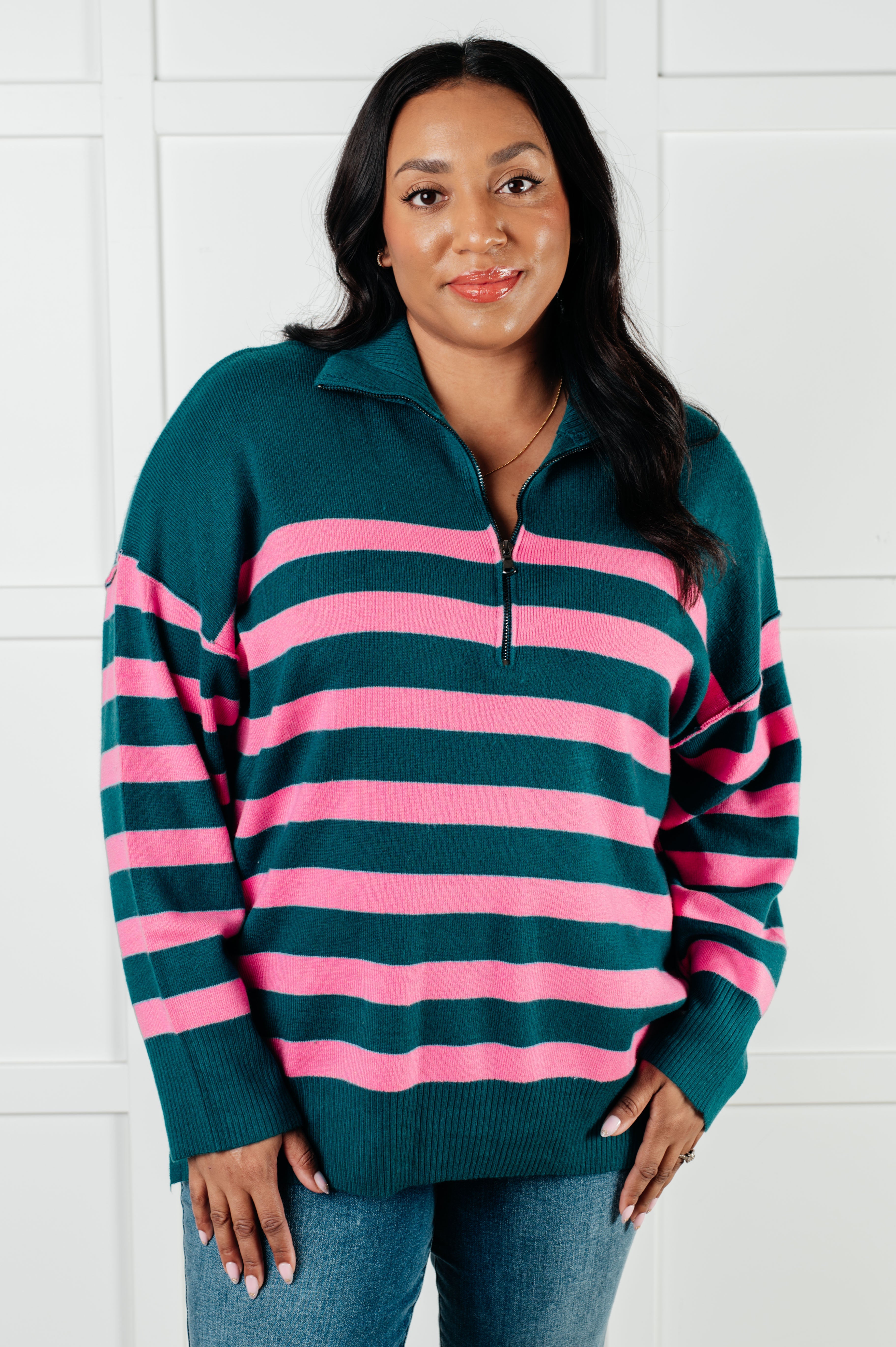 Well Situated Striped Quarter Zip Sweater in Green and Pink Tops Ave Shops- Tilden Co.