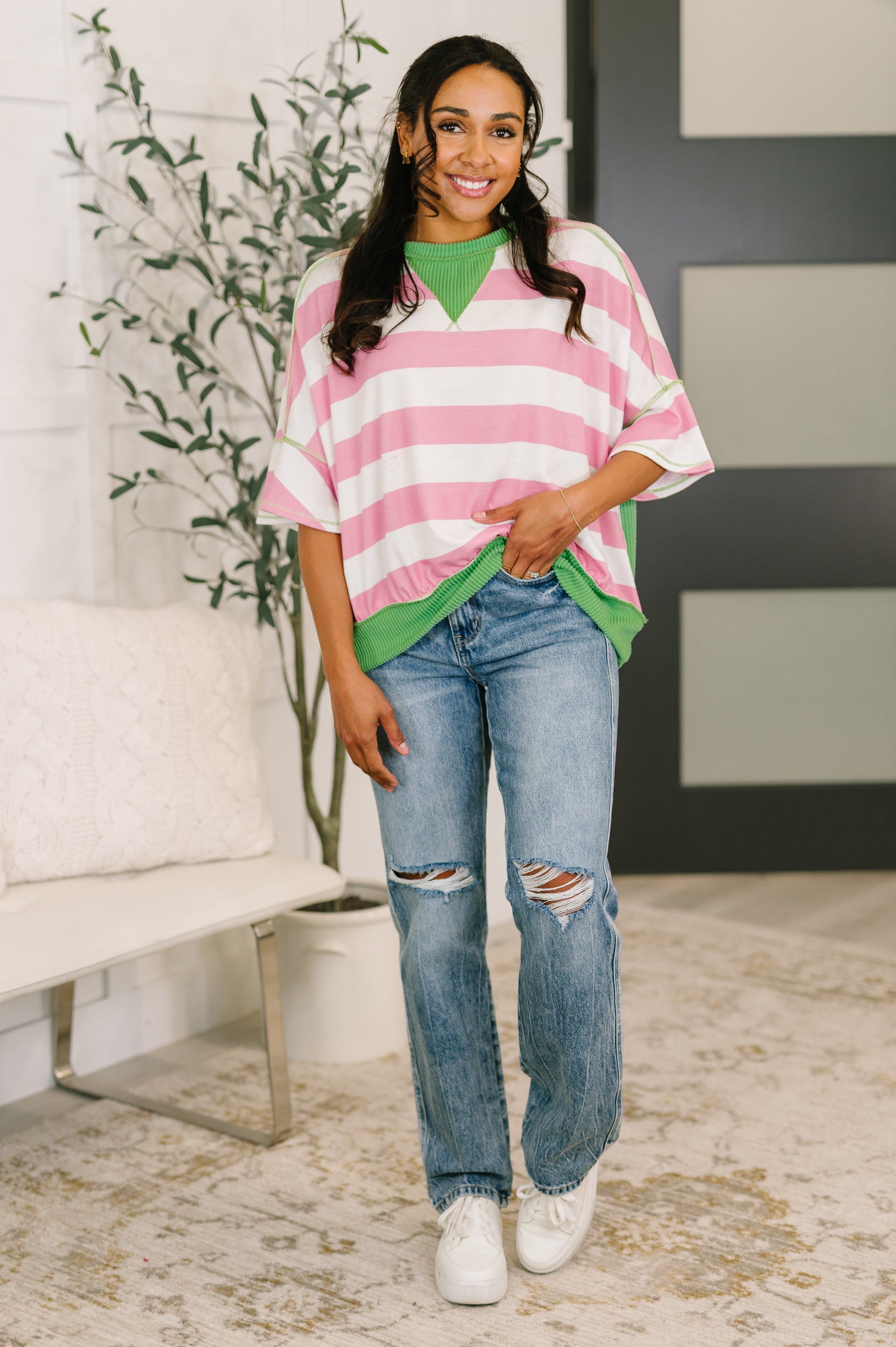 What's a Girl to Do Contrast Trim Relaxed Top T-Shirt Ave Shops- Tilden Co.