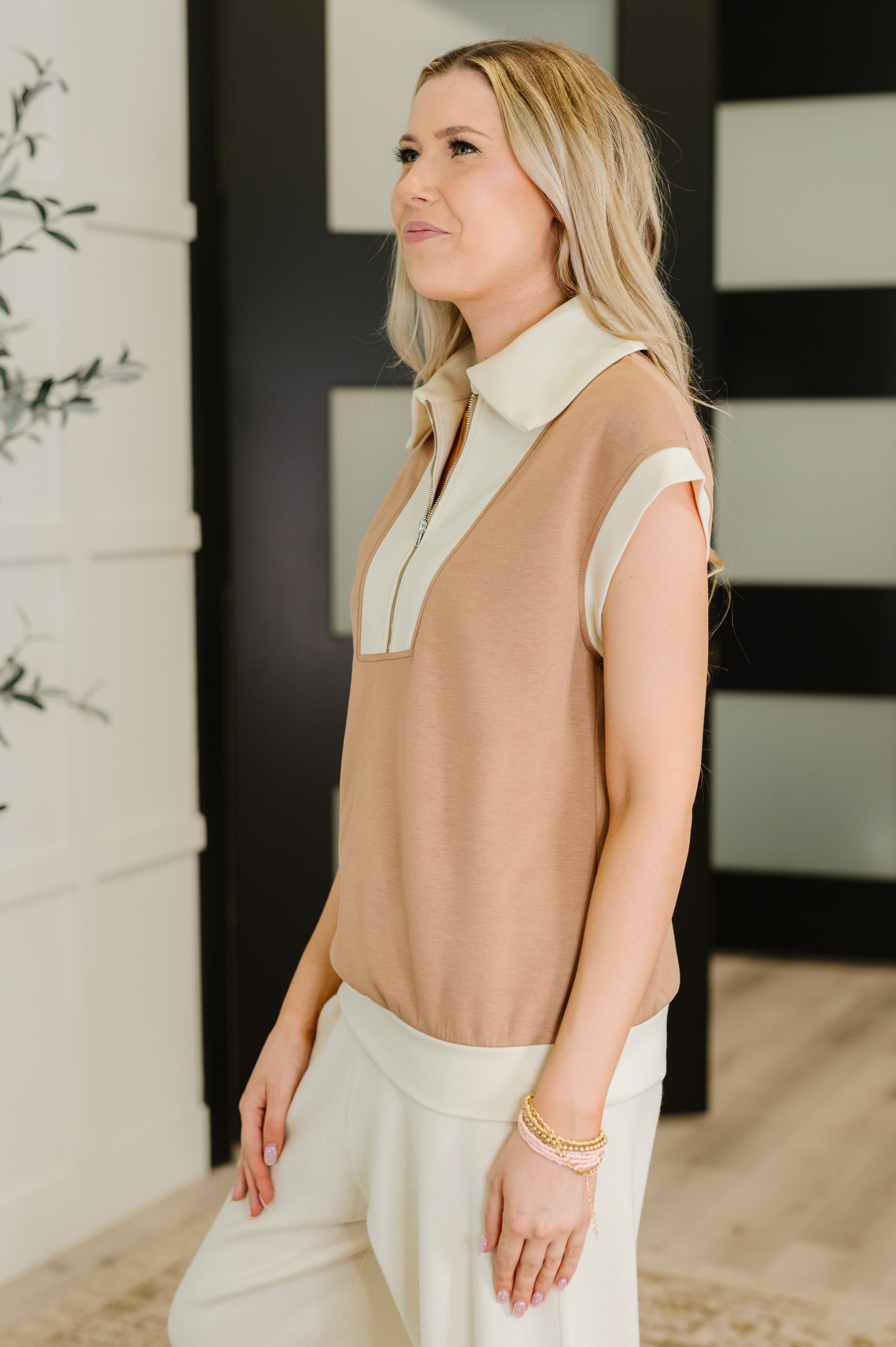 Whispered Urgently Color Block Half Zip Top Blouse Ave Shops- Tilden Co.