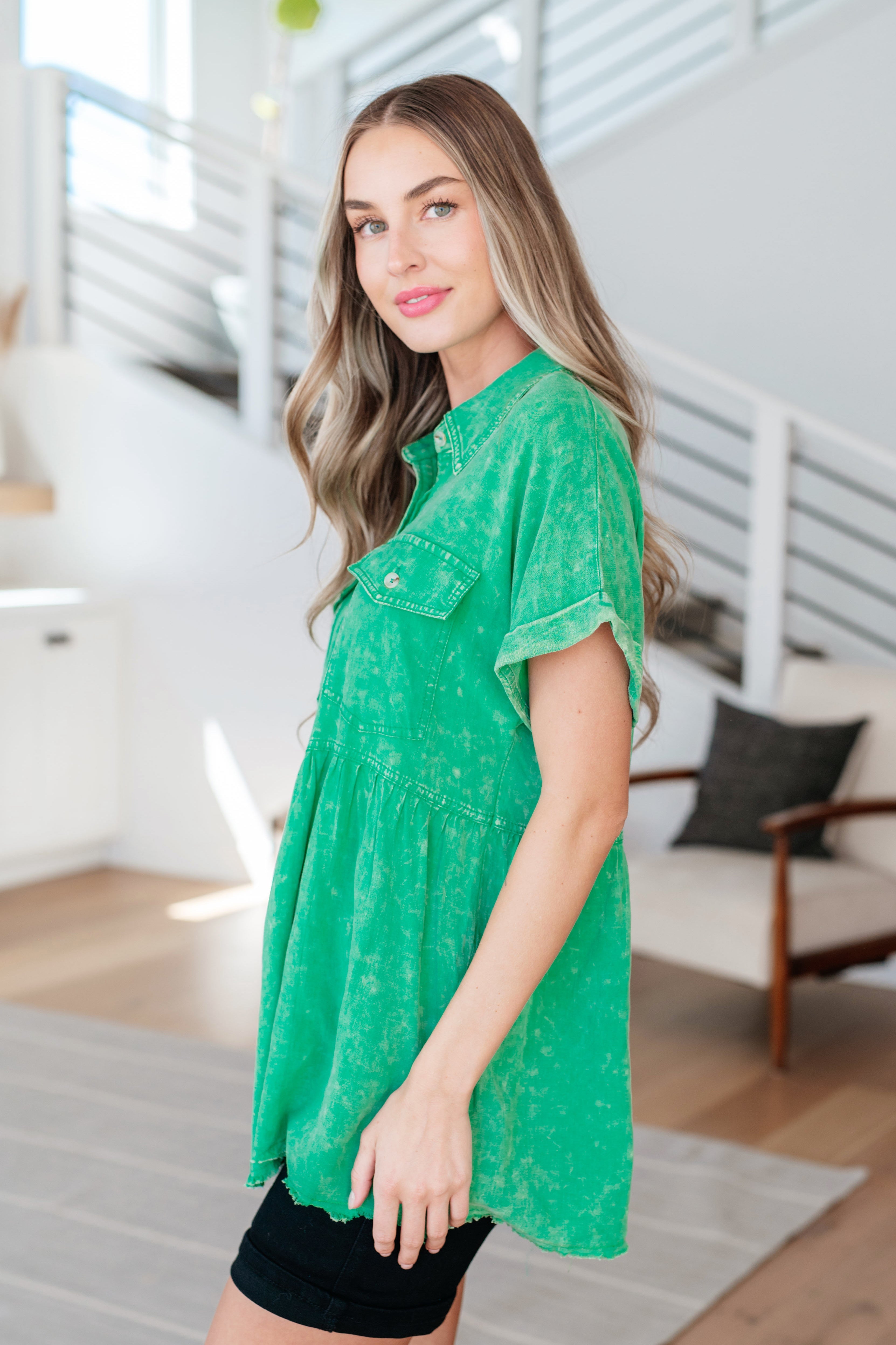 Working In The Garden Button Up Peplum Blouse Tops Ave Shops- Tilden Co.