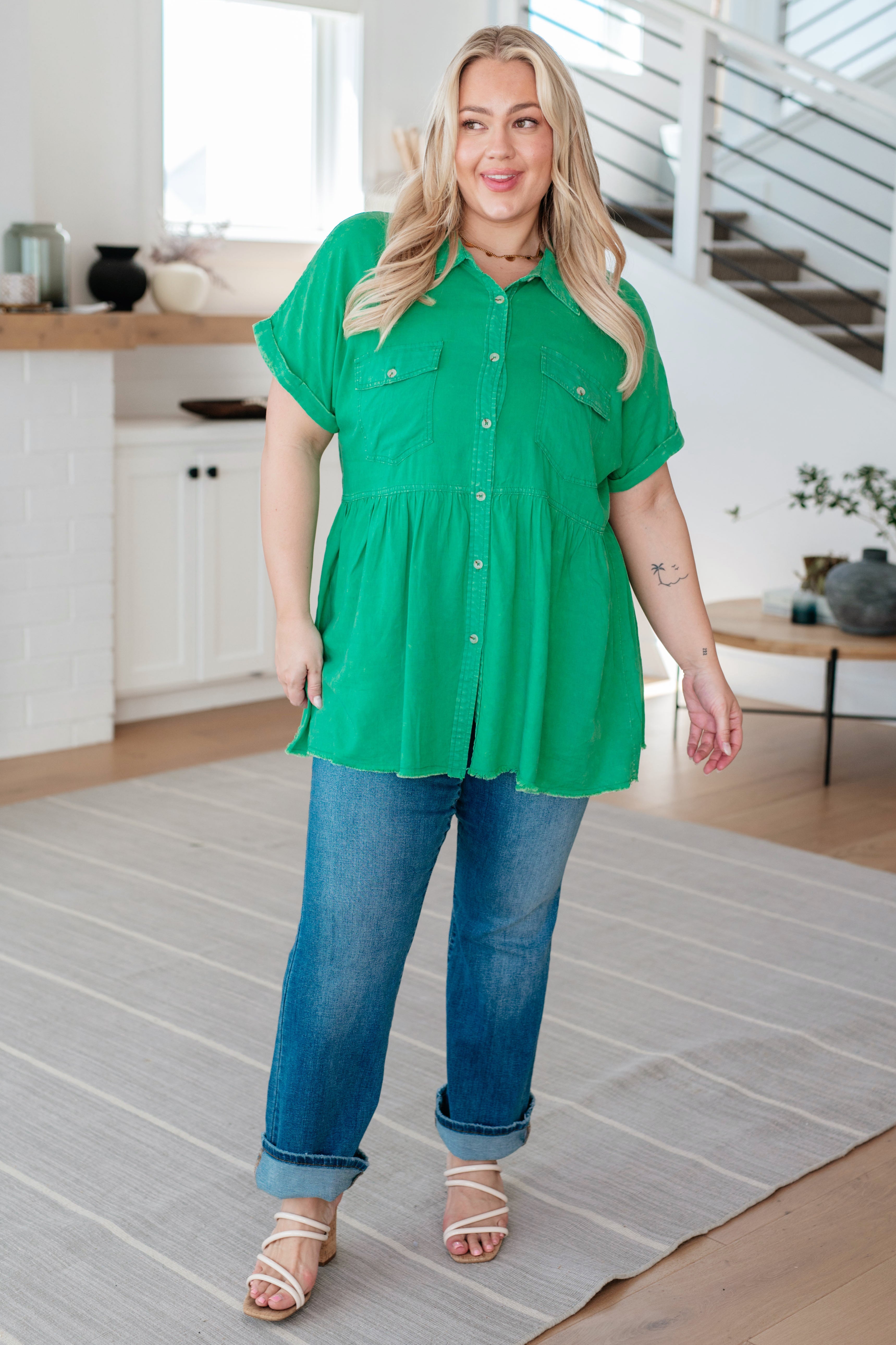 Working In The Garden Button Up Peplum Blouse Tops Ave Shops- Tilden Co.
