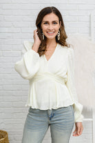 Xanidu Long Sleeve V Neck Blouse in White    Womens Ave Shops- Tilden Co.