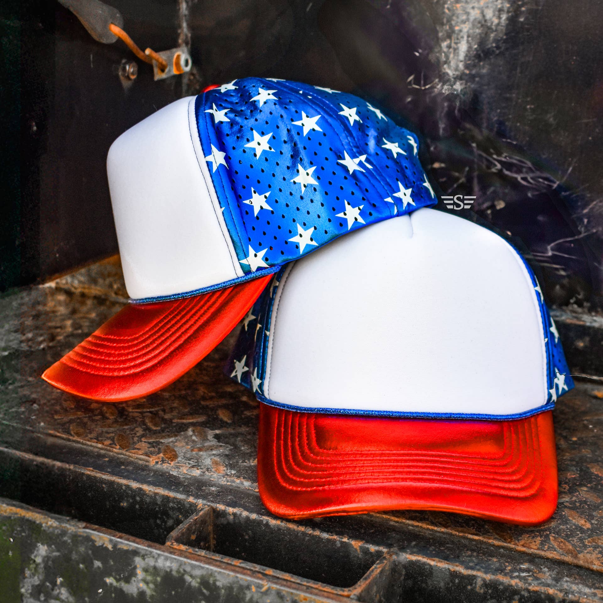 Patriotic Metallic Magna Pony® Mesh Foam Laser Cut Back Trucker Hat Flying S Company- Tilden Co.