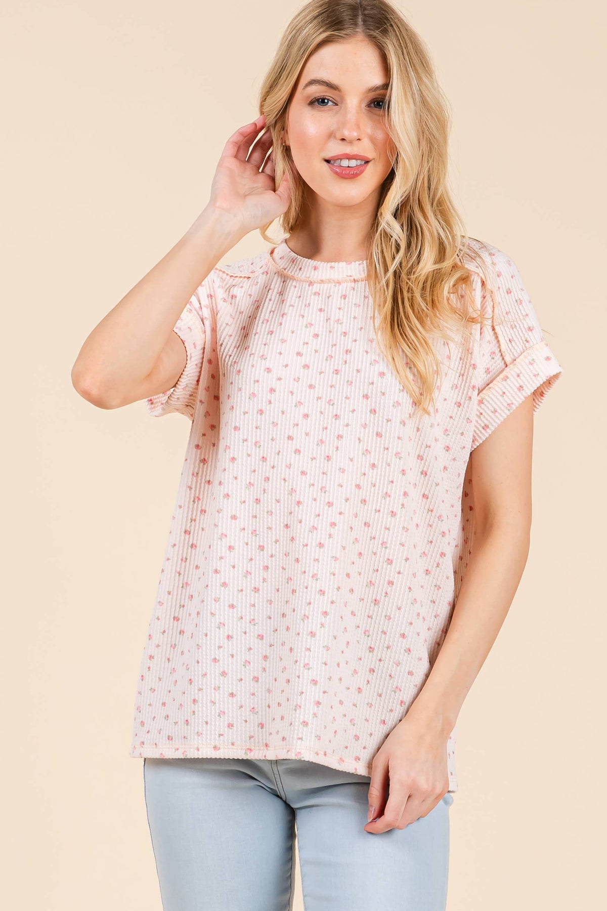 Baby Pink Floral Knit Tee Short Sleeve Top BOMBOM- Tilden Co.