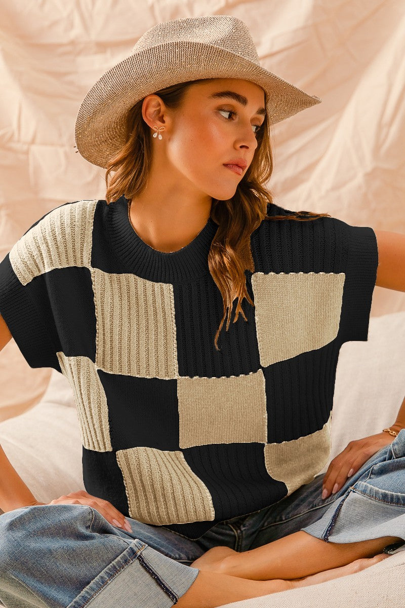 Meadow Check Sweater Tee Short Sleeve Top so me- Tilden Co.