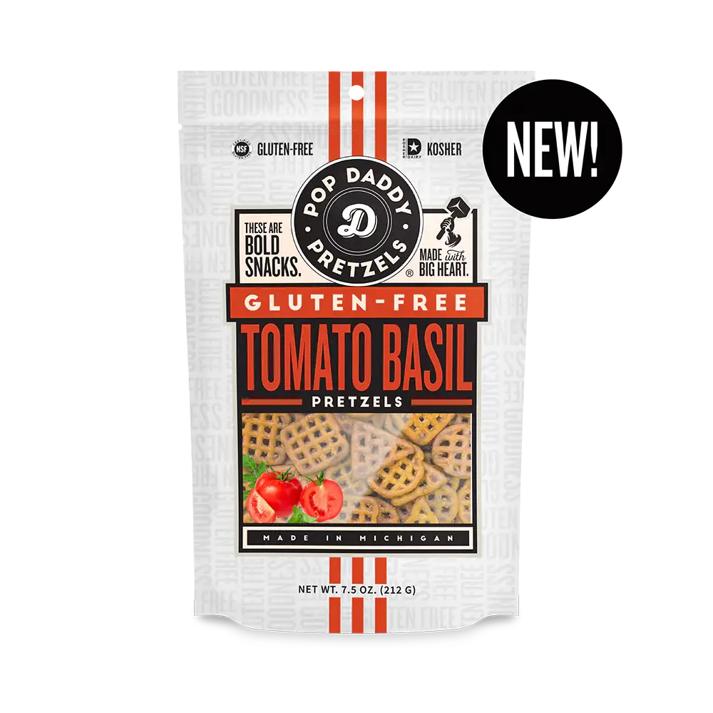 NEW Gluten-Free Tomato Basil Seasoned Pretzels 7.5 oz Pop Daddy Snacks- Tilden Co.