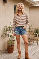 Oatmeal Striped Polo Top Long Sleeve Top Sewn and Seen- Tilden Co.