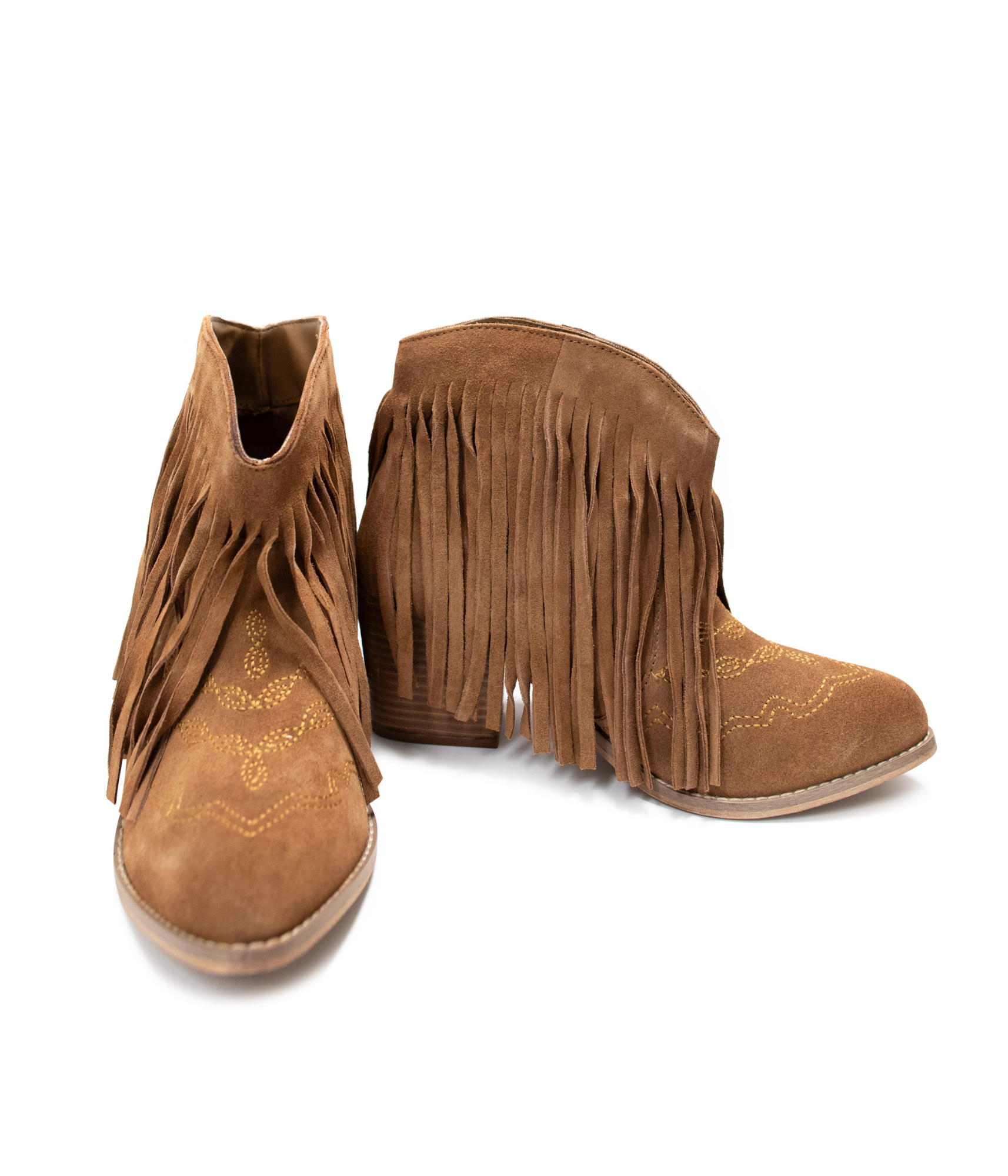 Amos Fringe Ankle Bootie in Tan Suede 110 Fashion Boots Naughty Monkey- Tilden Co.